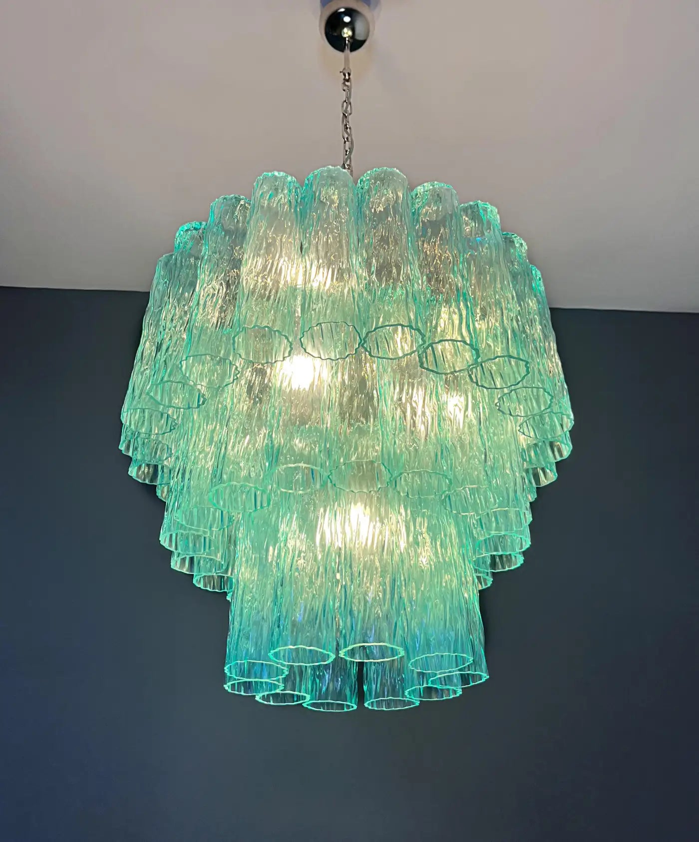 Large three-Tier Venini Murano turquoise Glass Tube Chandelier