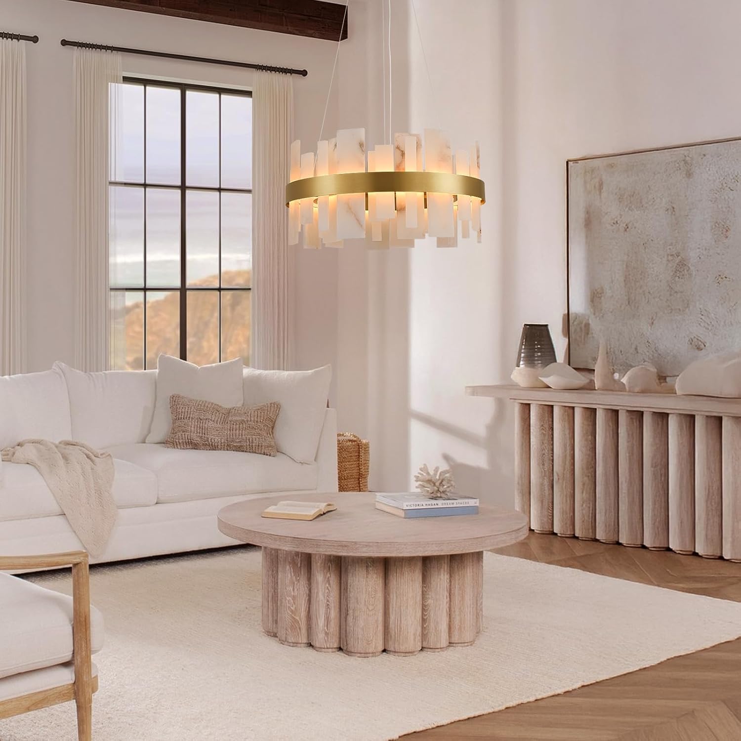 Alabaster Round Chandelier, D24 Inch Natural Spanish Marble Stone Texture Chandeliers