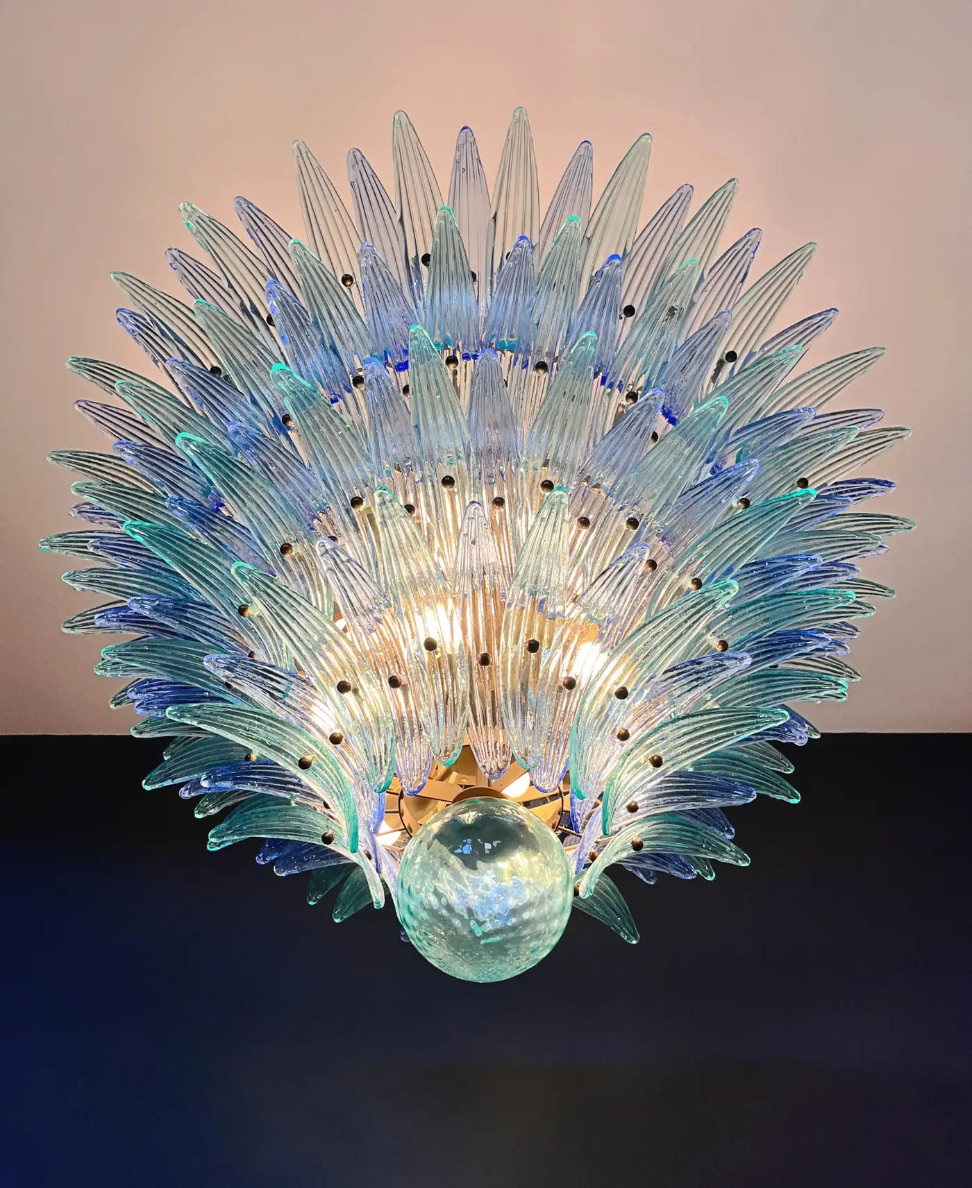 Palmette Ceiling Light - four levels, 160 blue and turquoise glasses