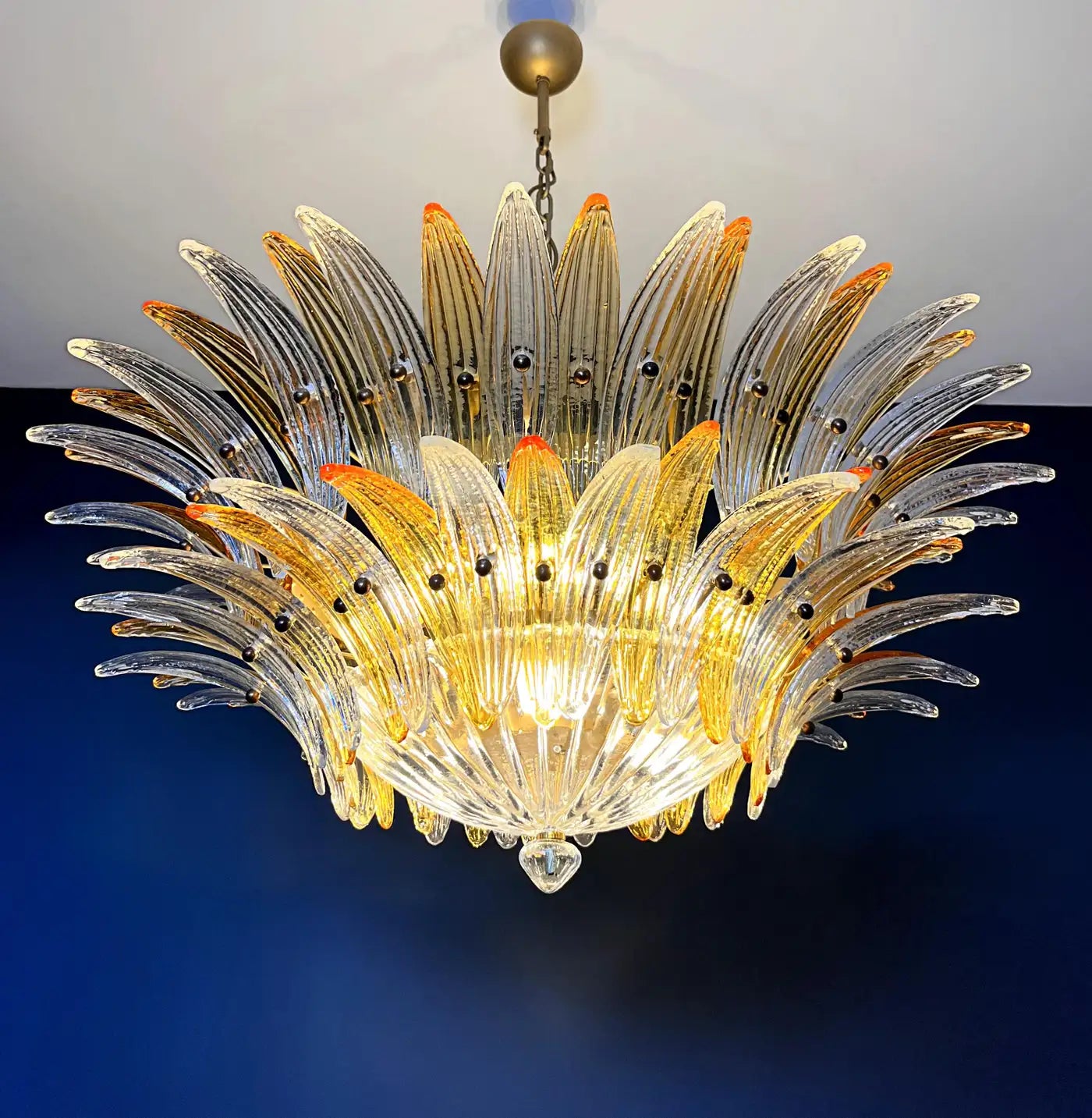 Murano Chandelier Original Palmette, two levels, 82 amber and clear glasses