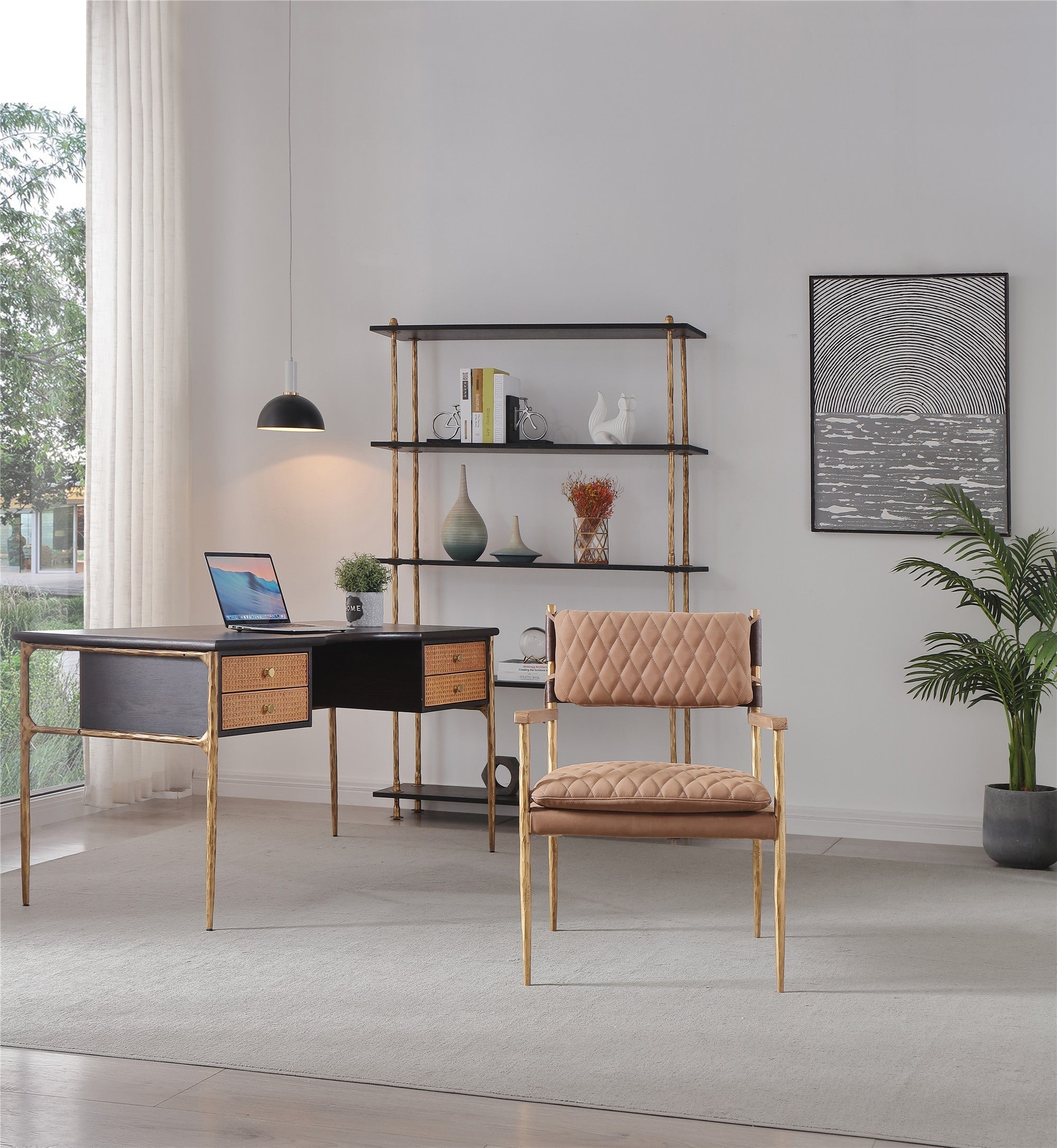 Hand-Forged Metal Retro Brass Iron Frame Rattan Desk