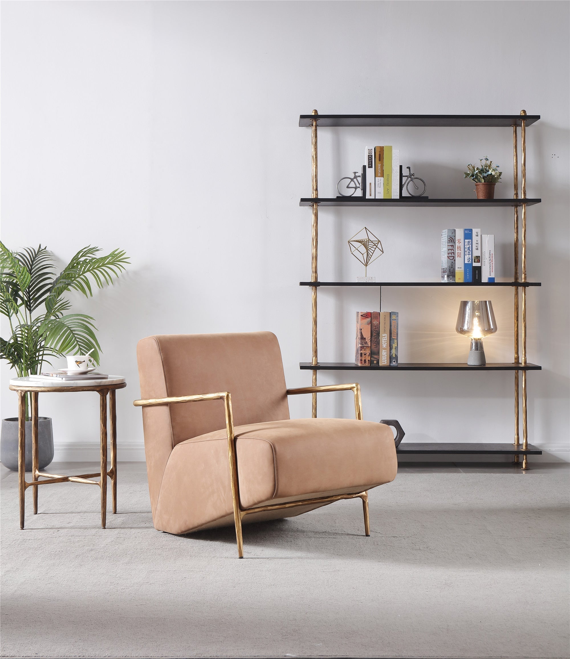 Hand-Forged Metal Genuine Brown Leather Accent Chair