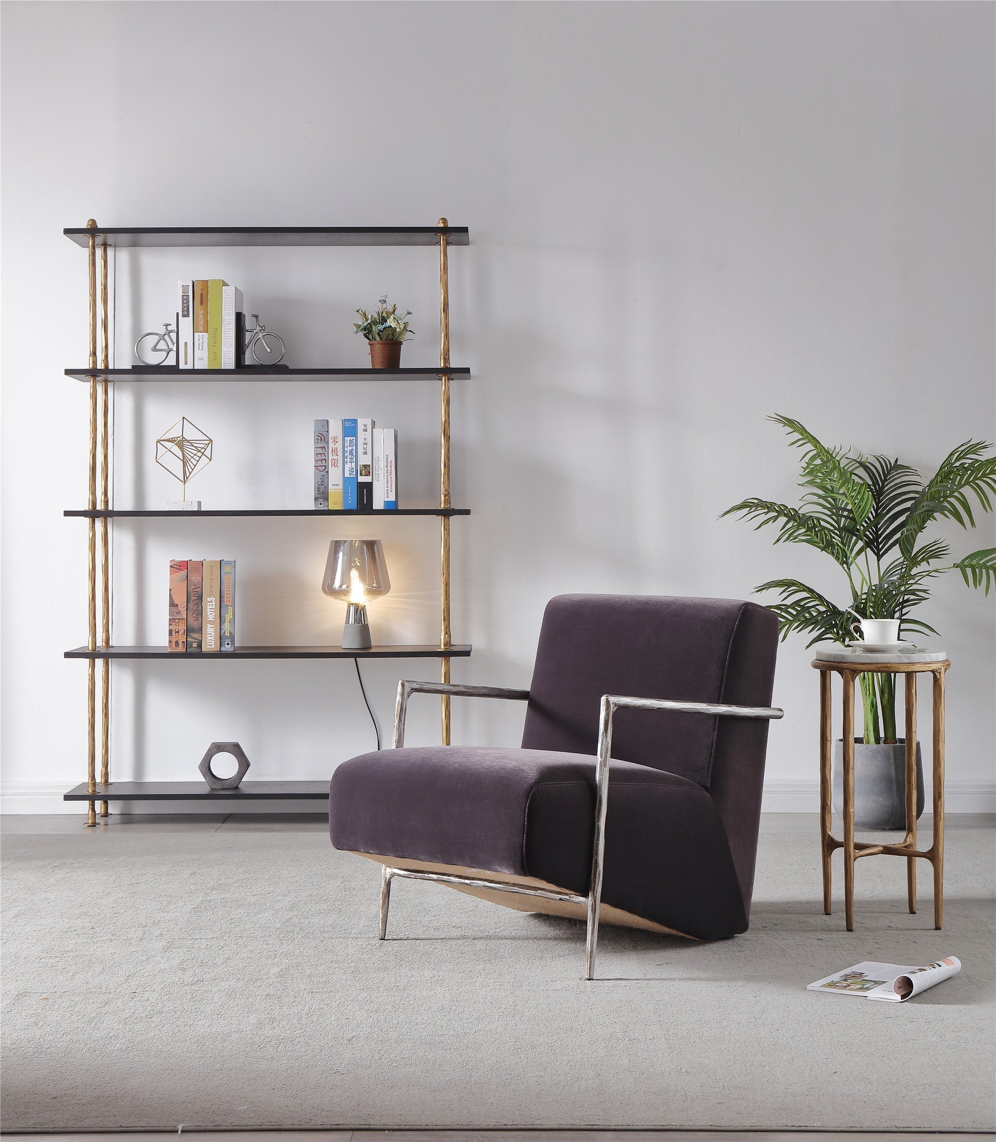 Hand-Forged Metal Genuine Brown Leather Accent Chair