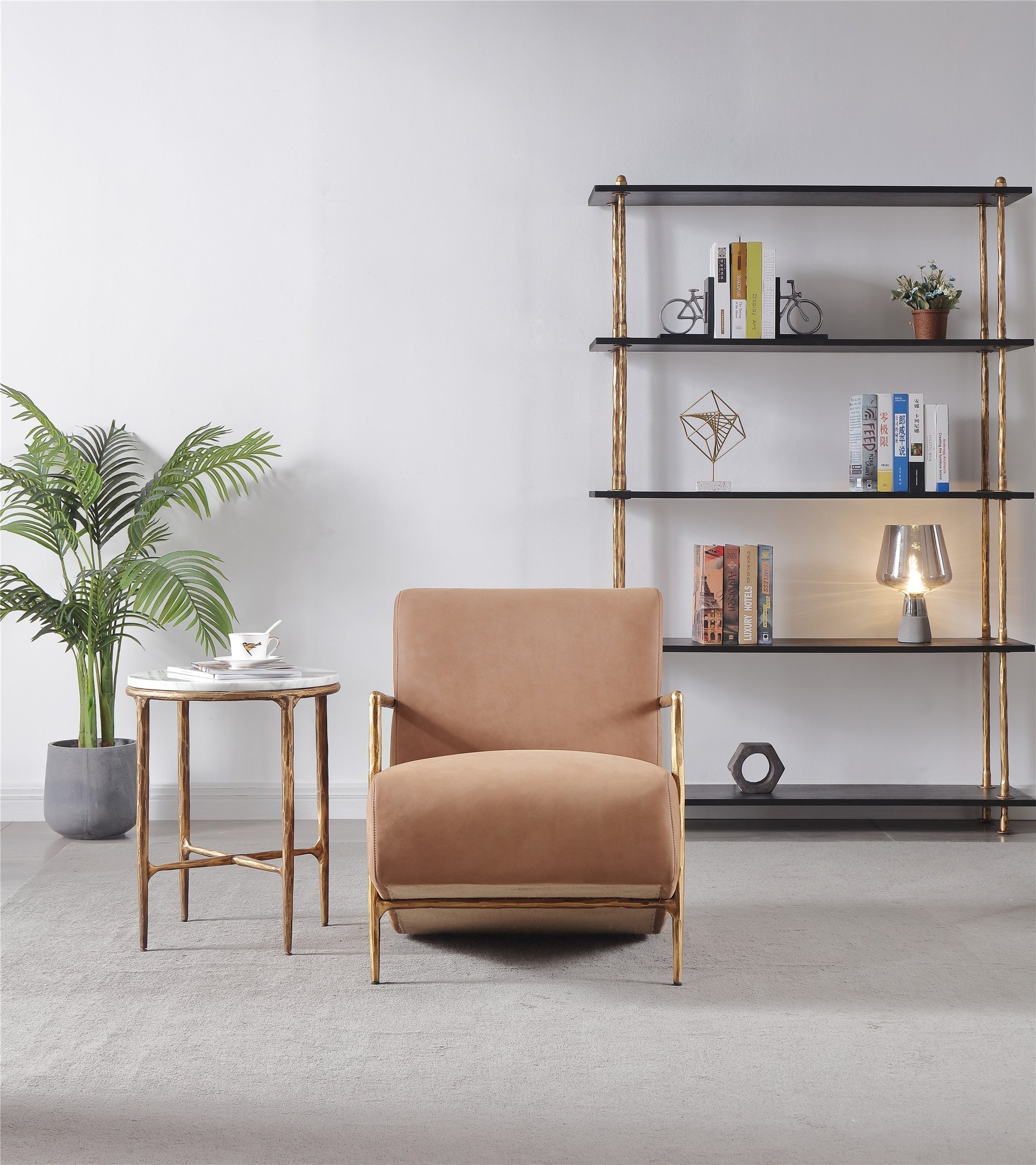 Hand-Forged Metal Genuine Brown Leather Accent Chair