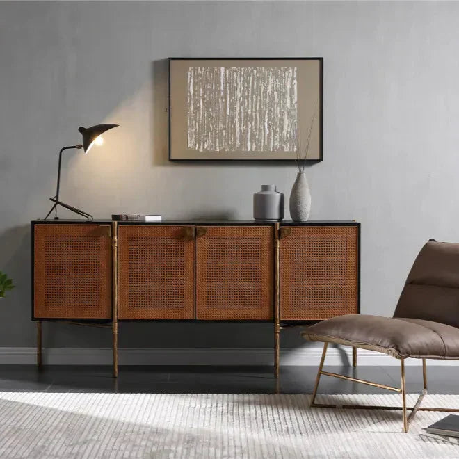 Hand-Forged Metal Metal Frame Rattan Long Side Cabinet