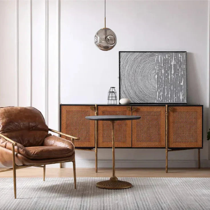 Hand-Forged Metal Frame Rattan Long Side Cabinet