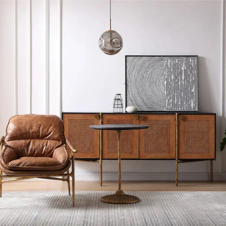 Hand-Forged Metal Frame Rattan Long Side Cabinet