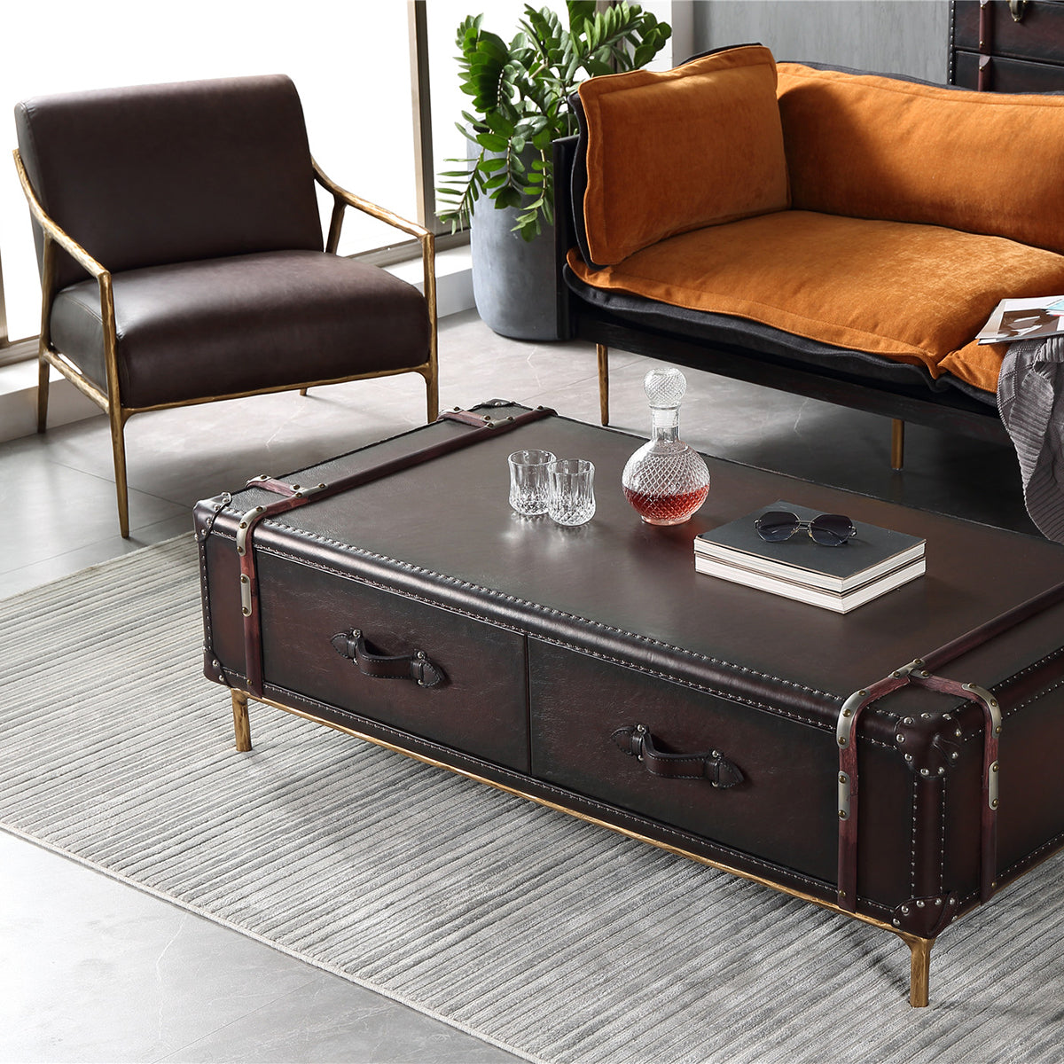 Hand-Forged Metal Brown Leather Accent Chair