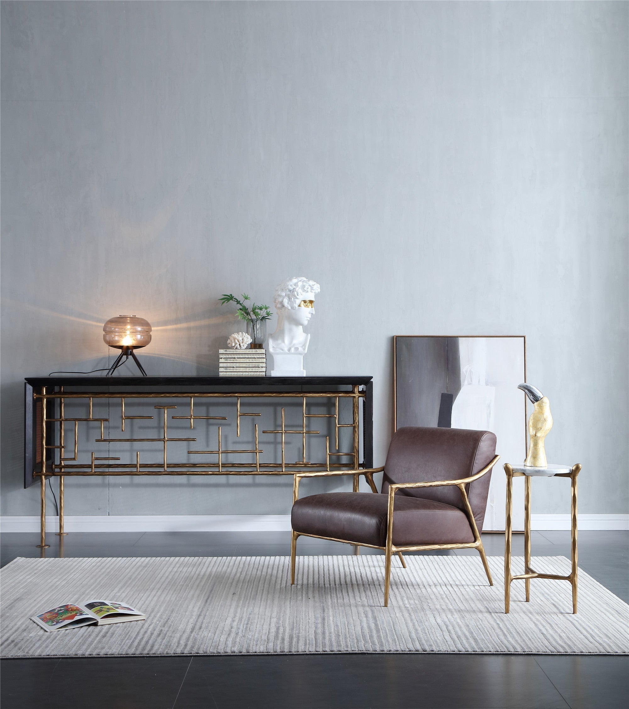 Hand-Forged Metal Brown Leather Accent Chair
