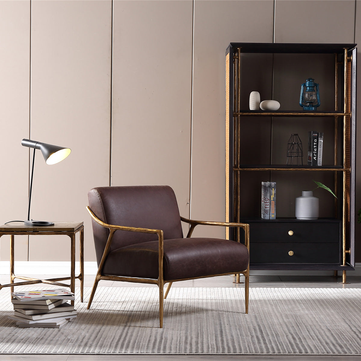 Hand-Forged Metal Brown Leather Accent Chair