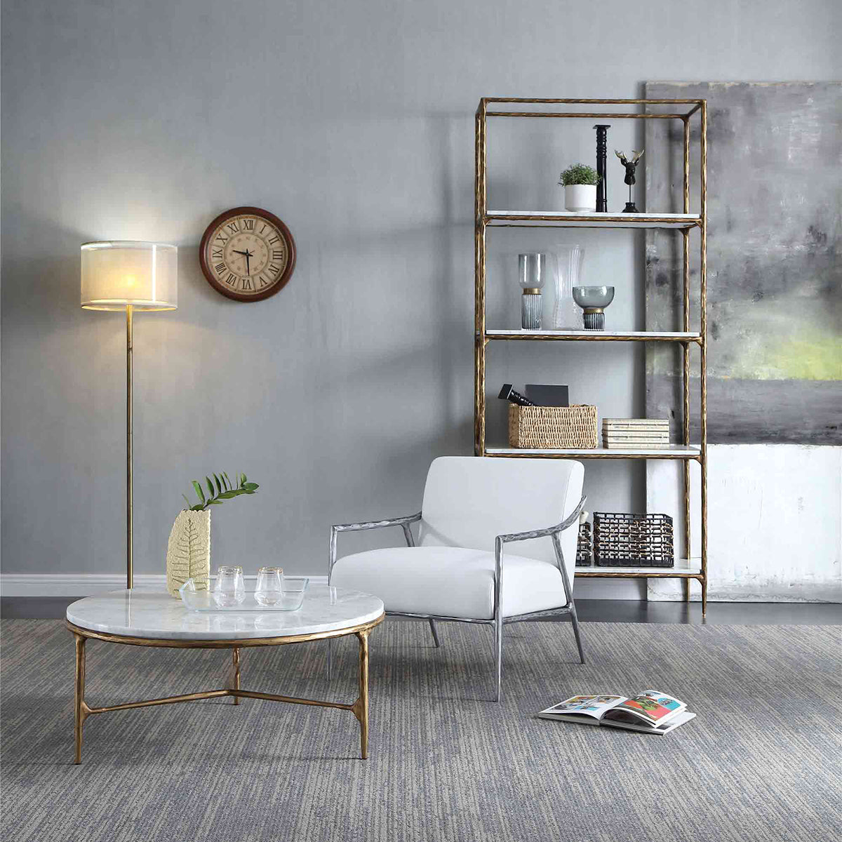 Hand-Forged Metal Marble Round Coffee Table 3 Legs 35"