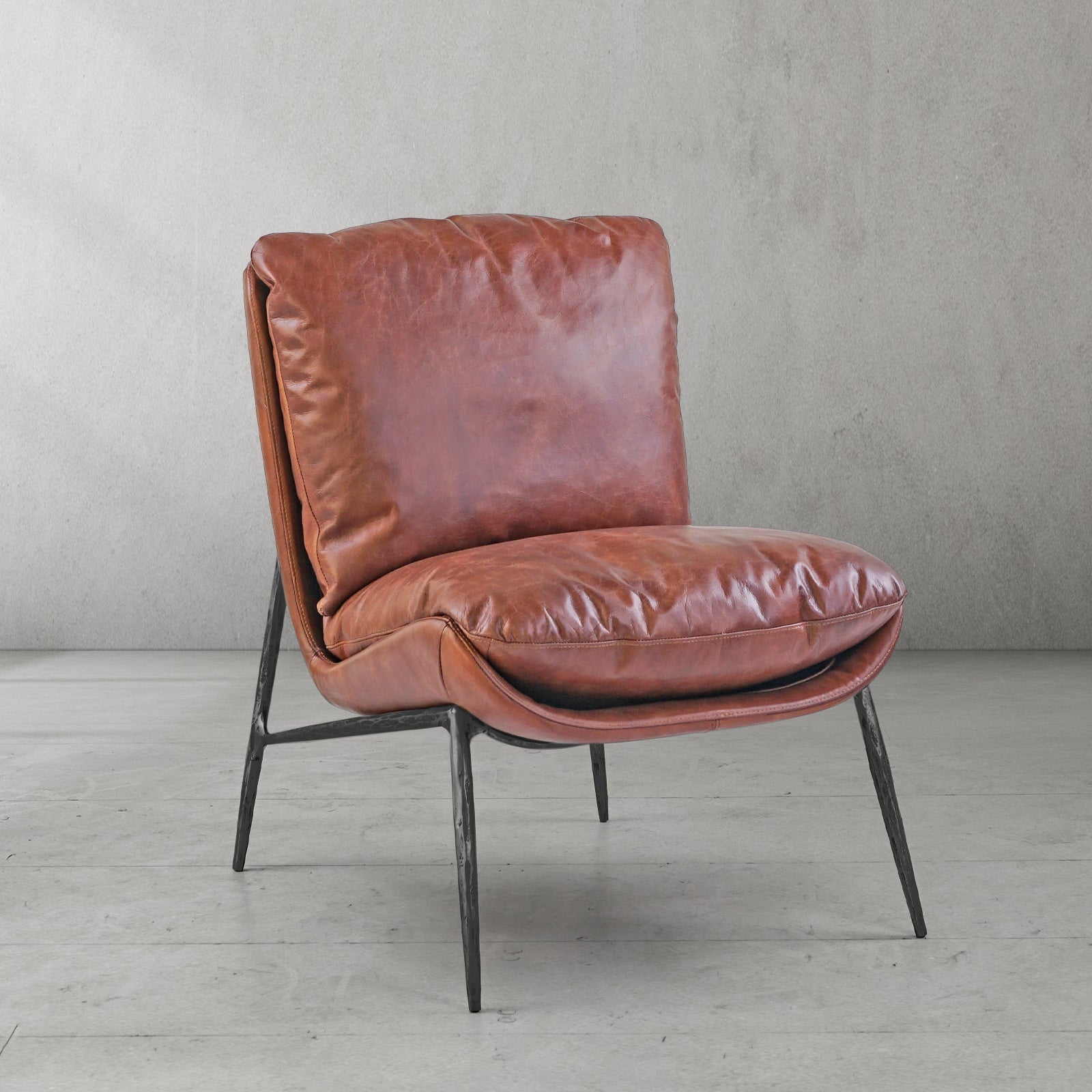 Hand-Forged Metal Vintage Leather Armrest Lounge Chair