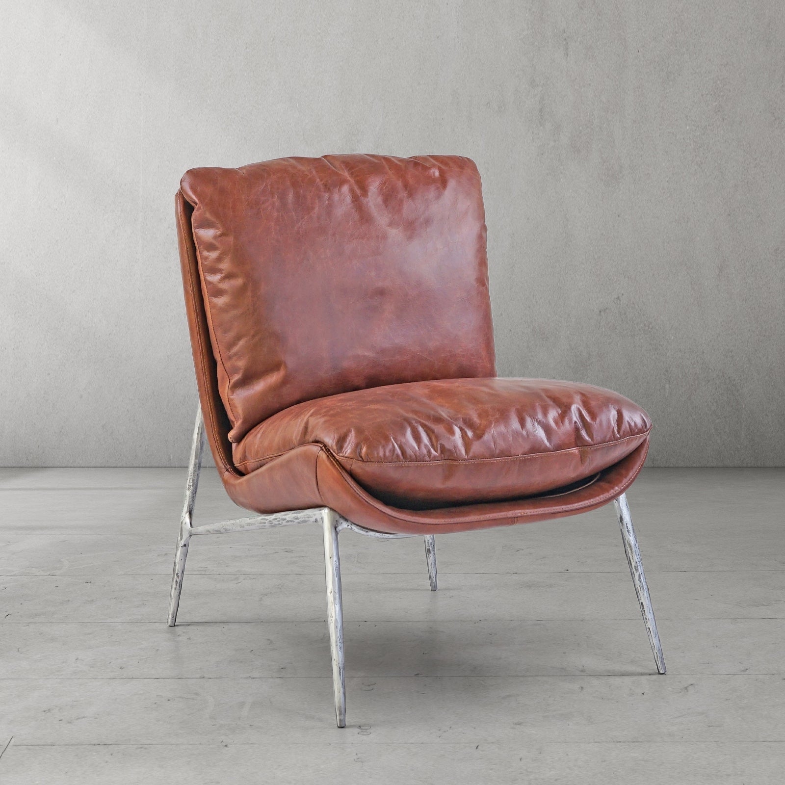 Hand-Forged Metal Vintage Leather Armrest Lounge Chair
