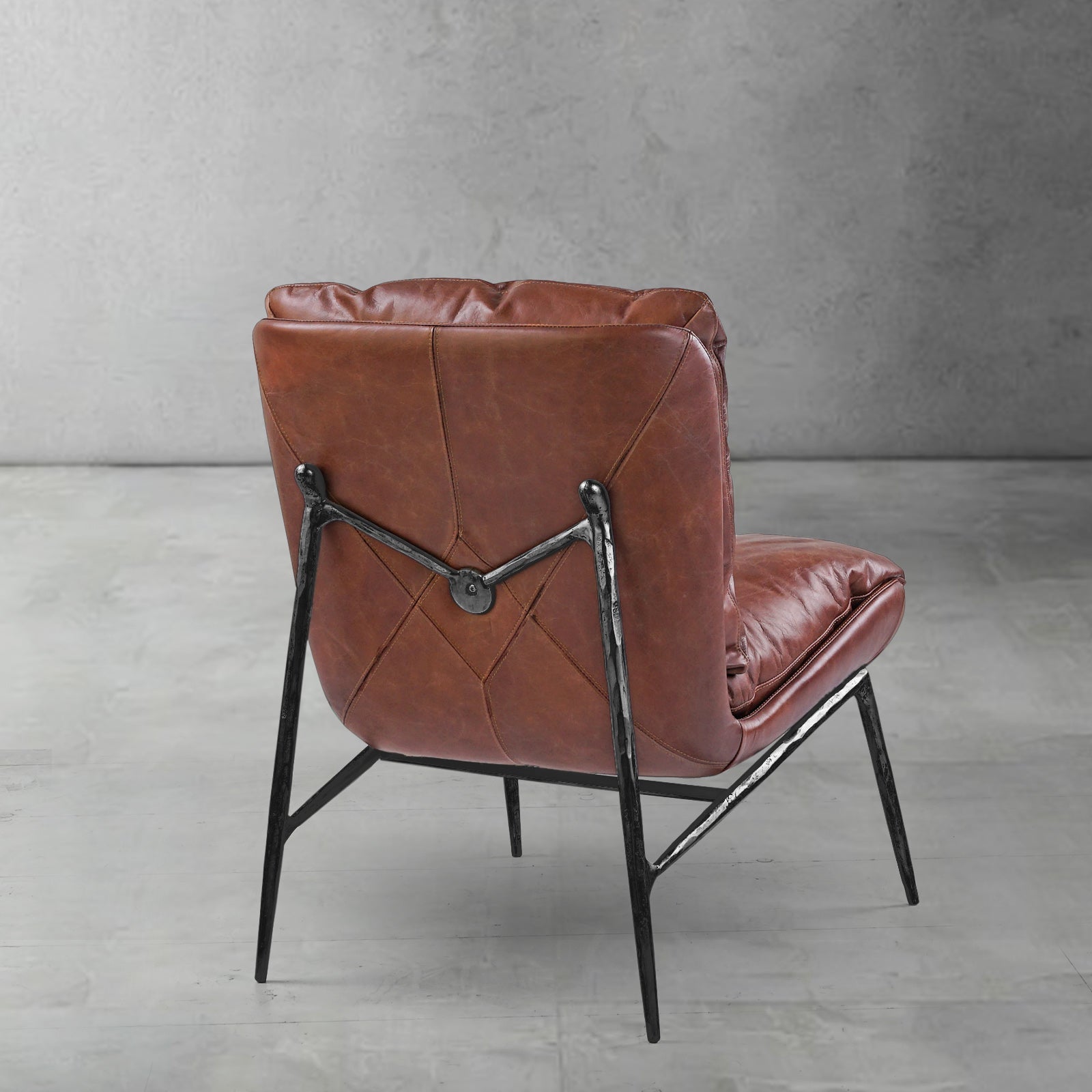 Hand-Forged Metal Vintage Leather Armrest Lounge Chair