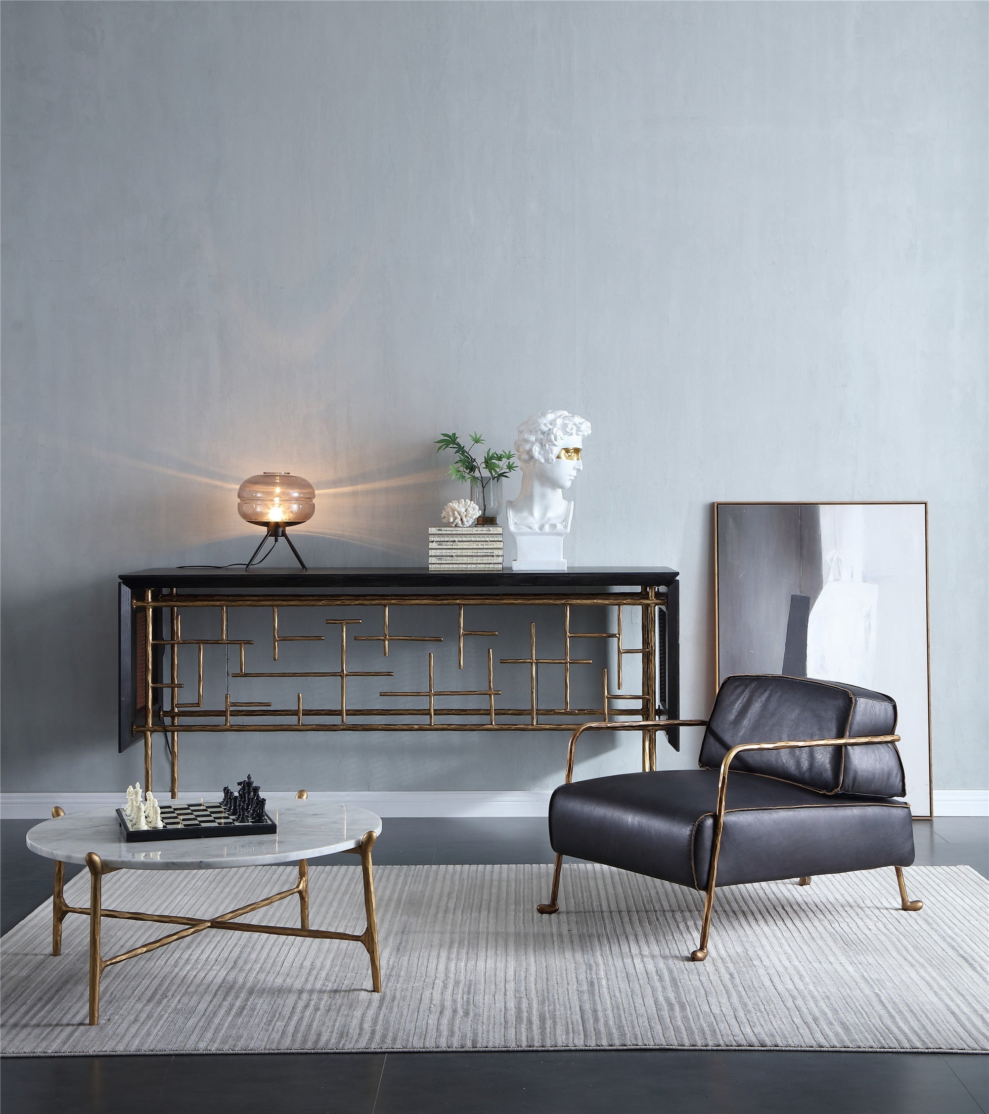 Hand-Forged Metal Metal Frame Rattan Console Table