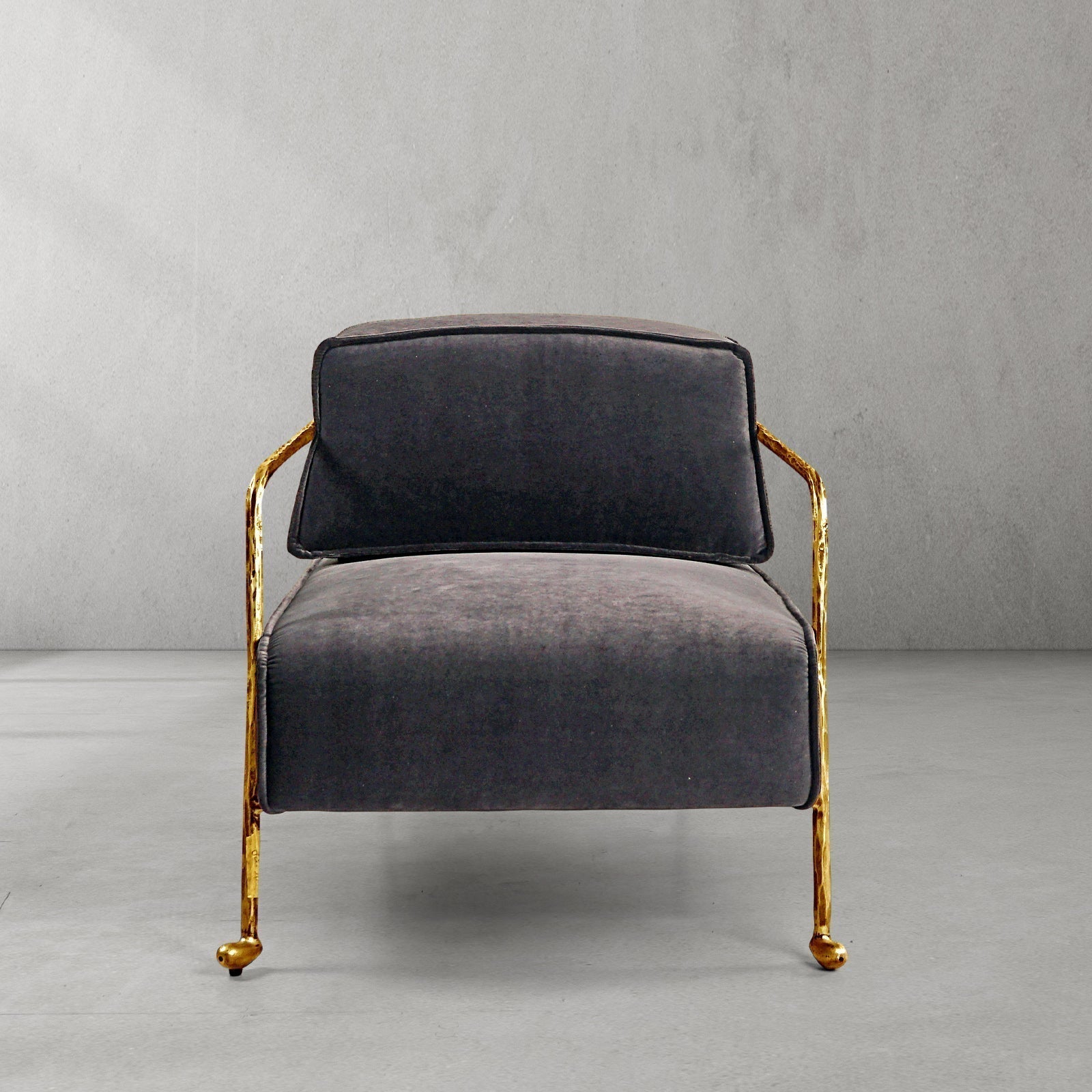 Hand-Forged Metal Gray Velvet Armchair