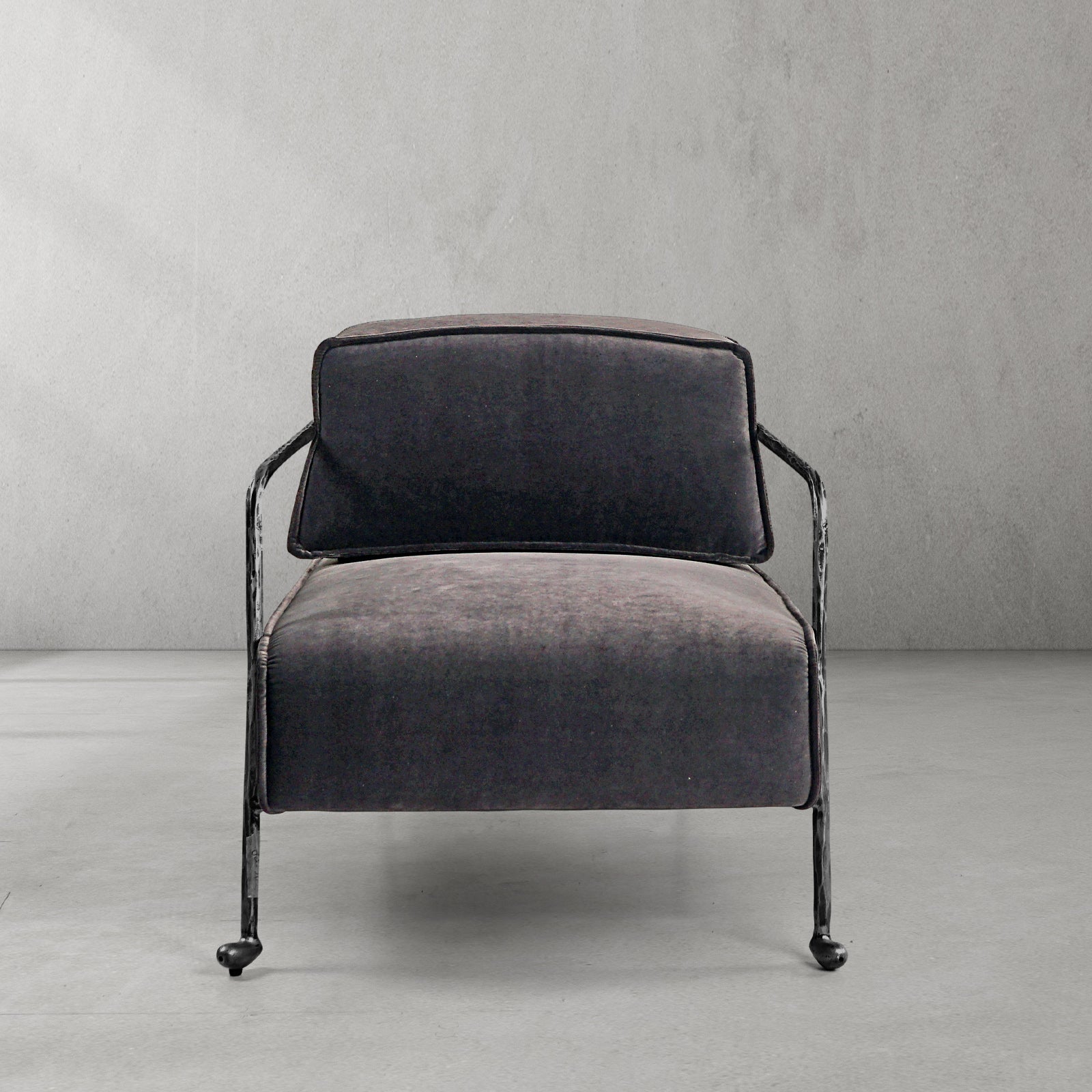 Hand-Forged Metal Gray Velvet Armchair
