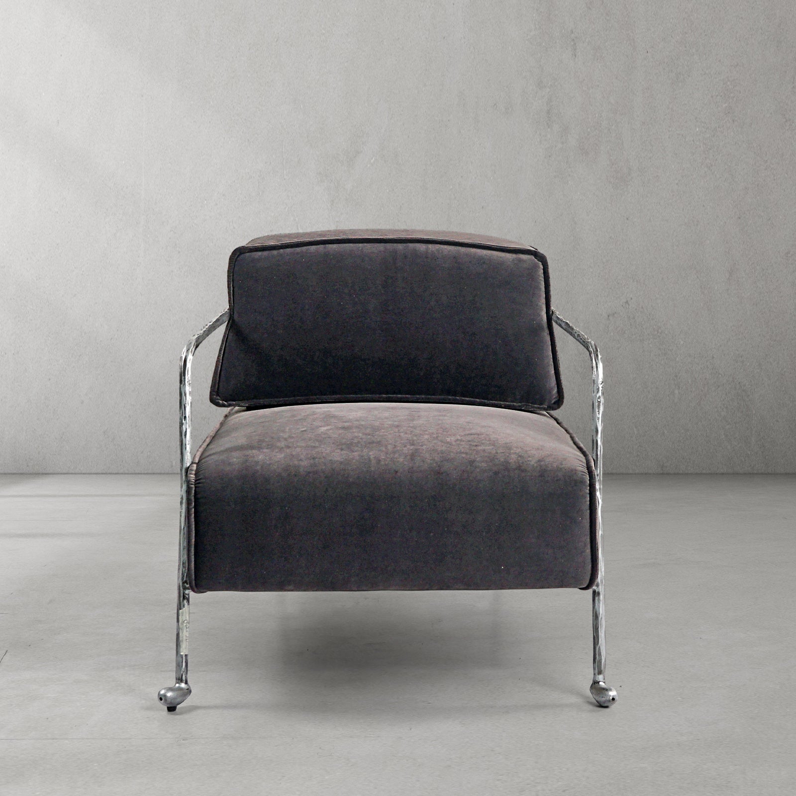 Hand-Forged Metal Gray Velvet Armchair