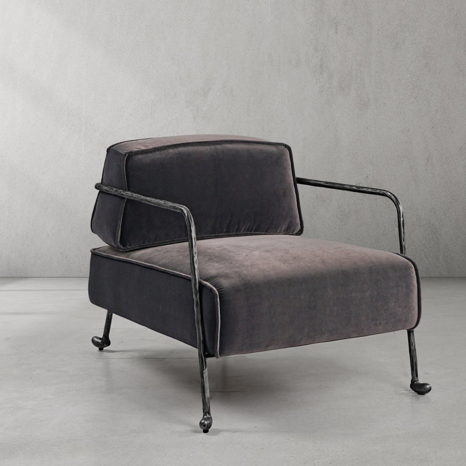 Hand-Forged Metal Gray Velvet Armchair