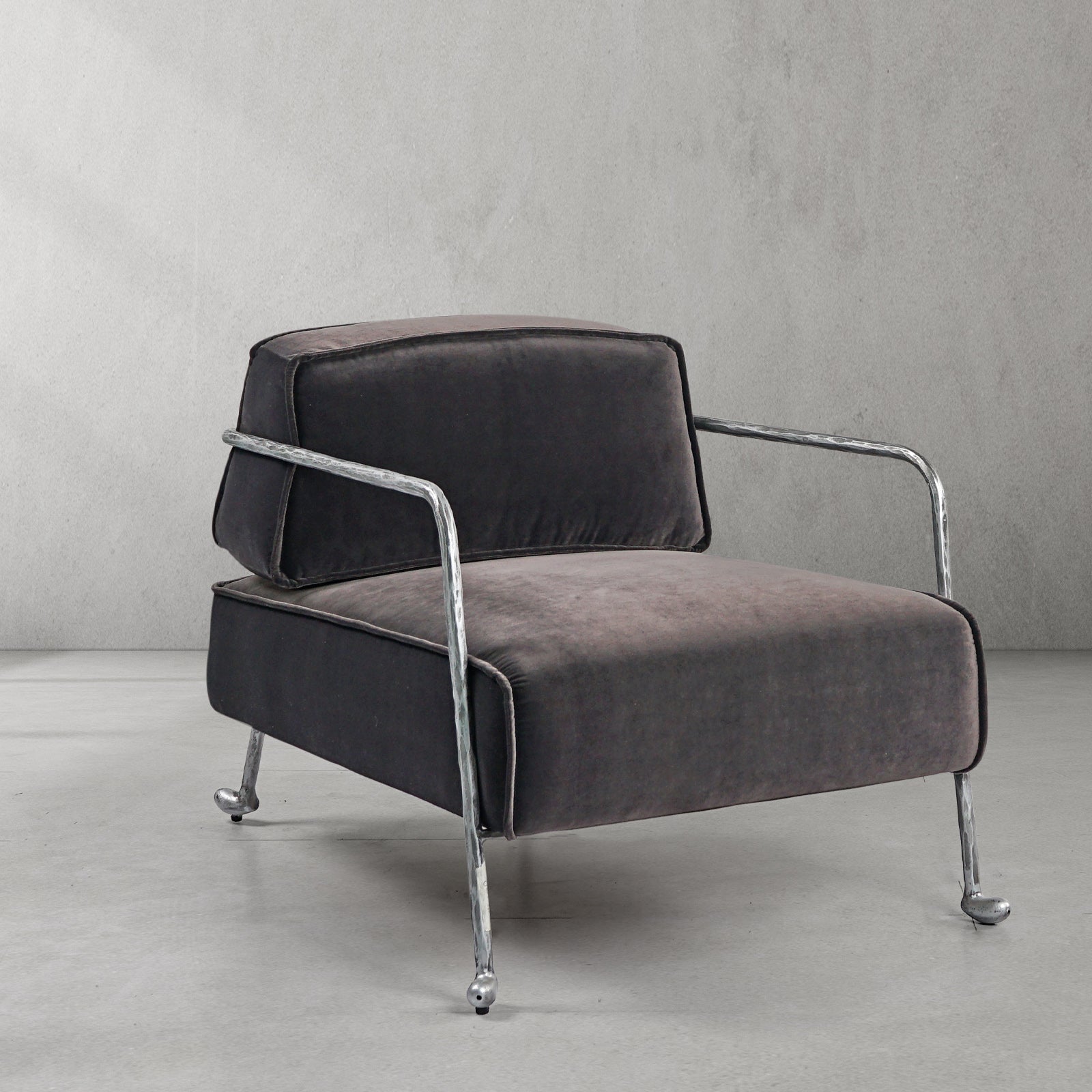 Hand-Forged Metal Gray Velvet Armchair