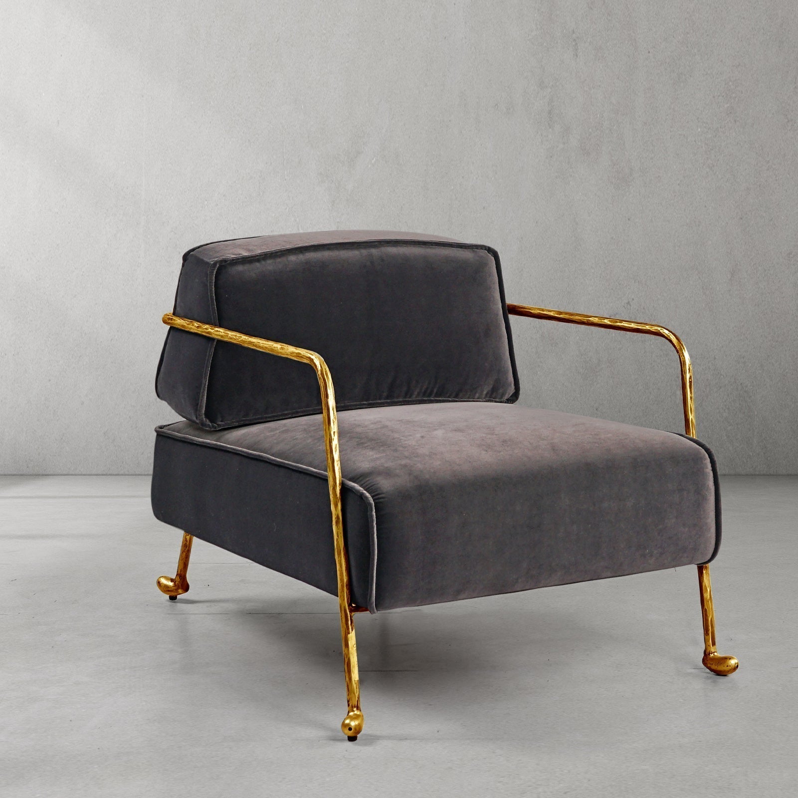 Hand-Forged Metal Gray Velvet Armchair