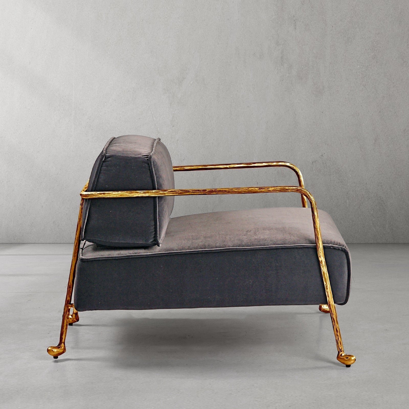 Hand-Forged Metal Gray Velvet Armchair