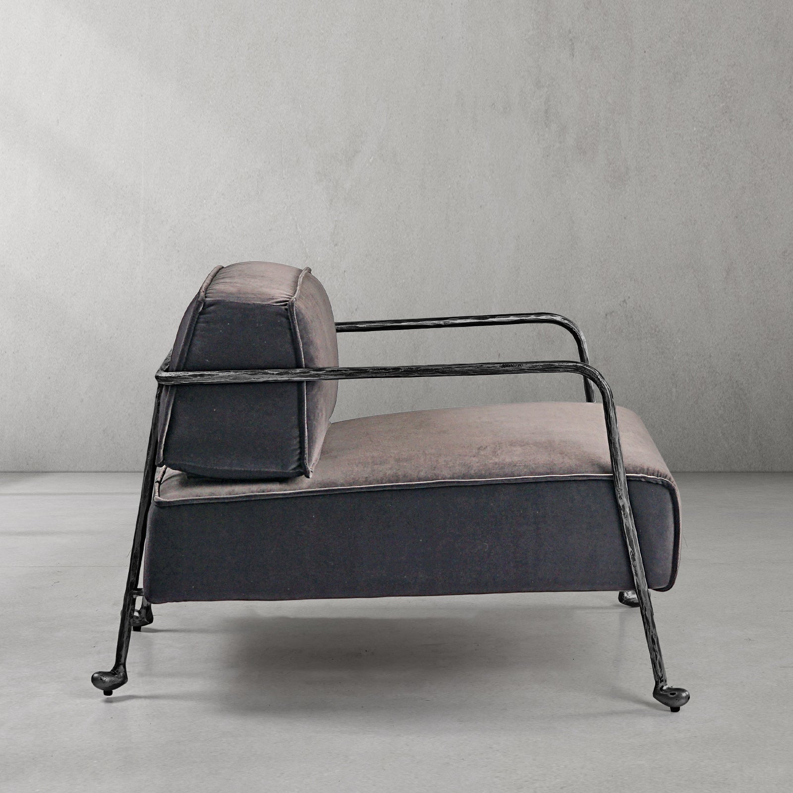 Hand-Forged Metal Gray Velvet Armchair