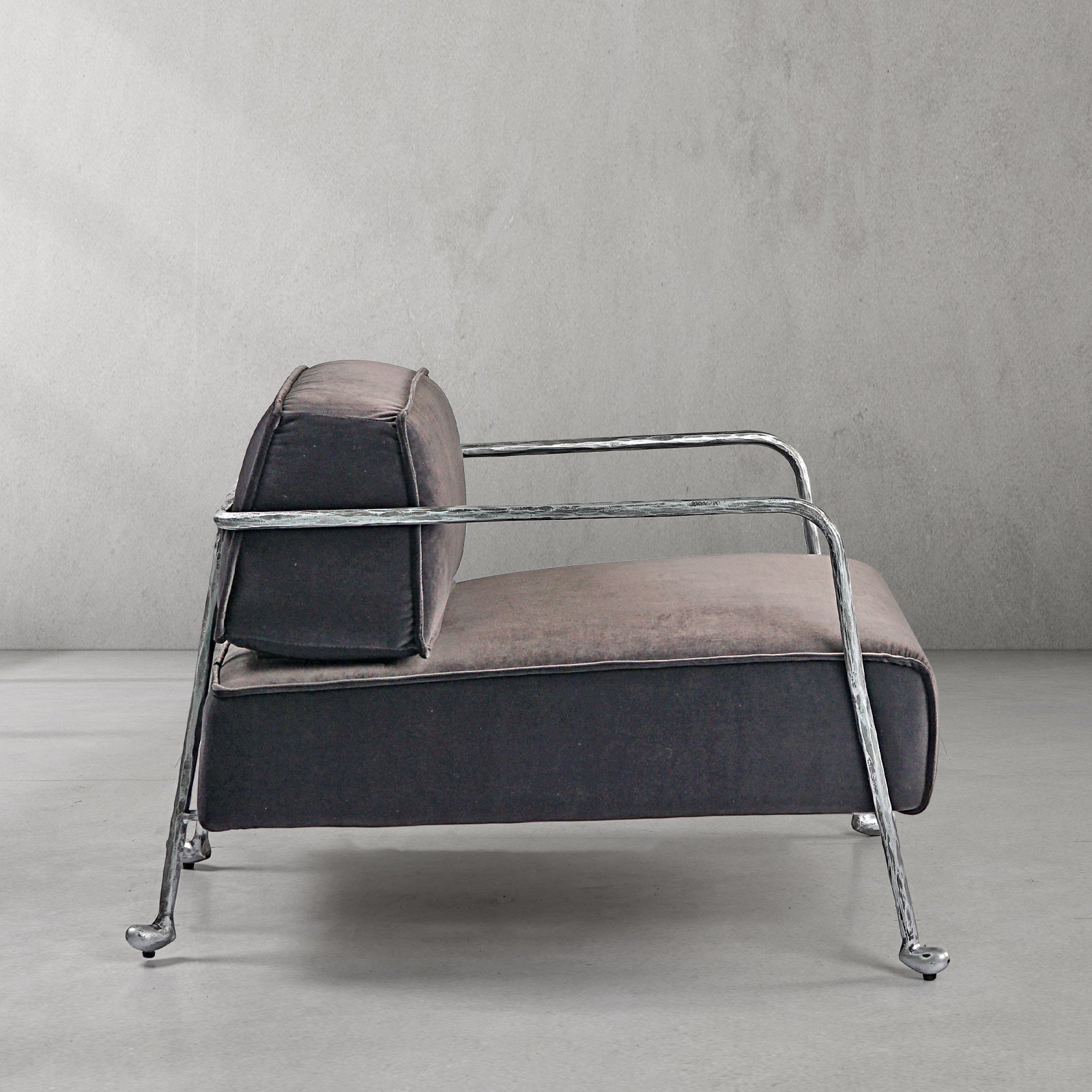Hand-Forged Metal Gray Velvet Armchair