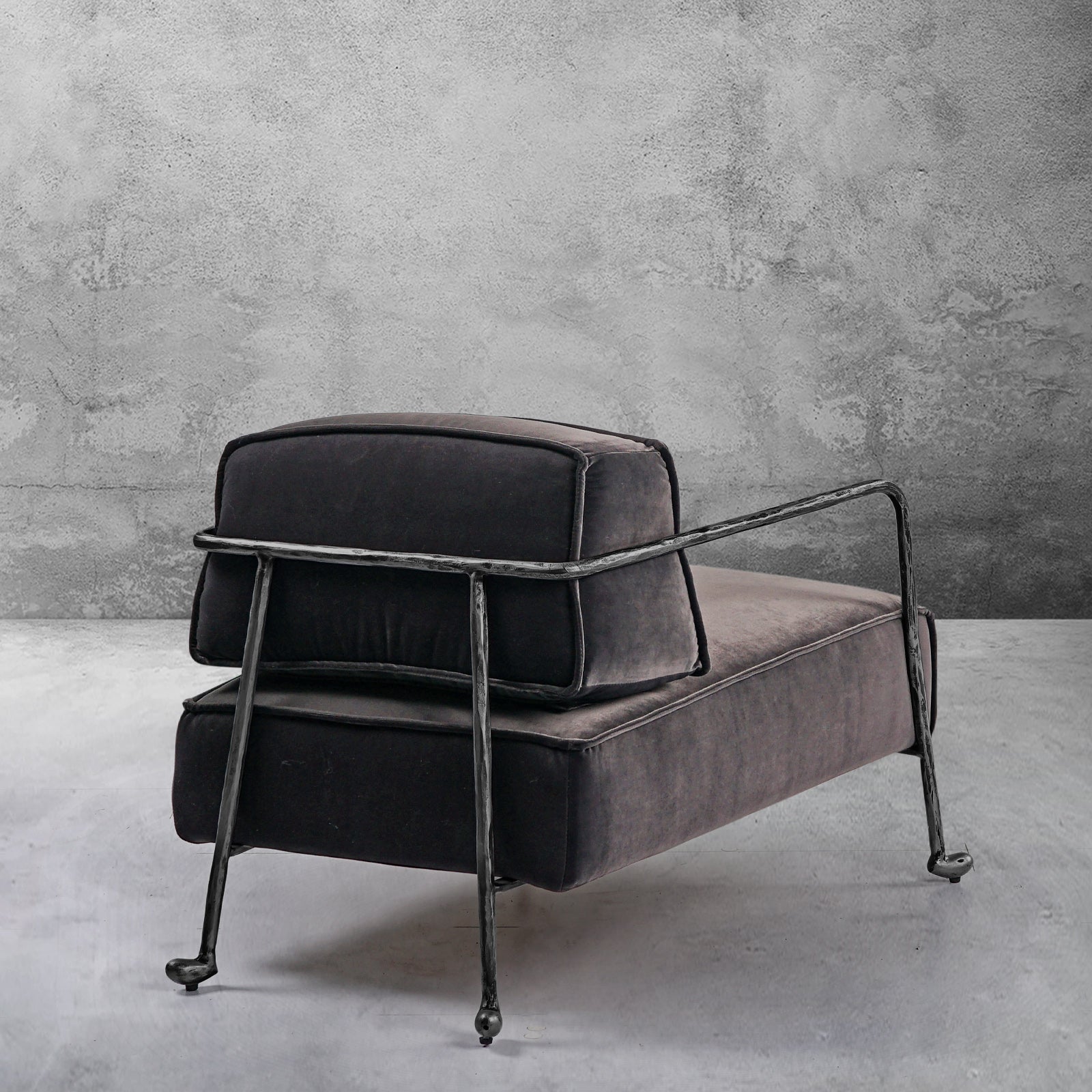 Hand-Forged Metal Gray Velvet Armchair