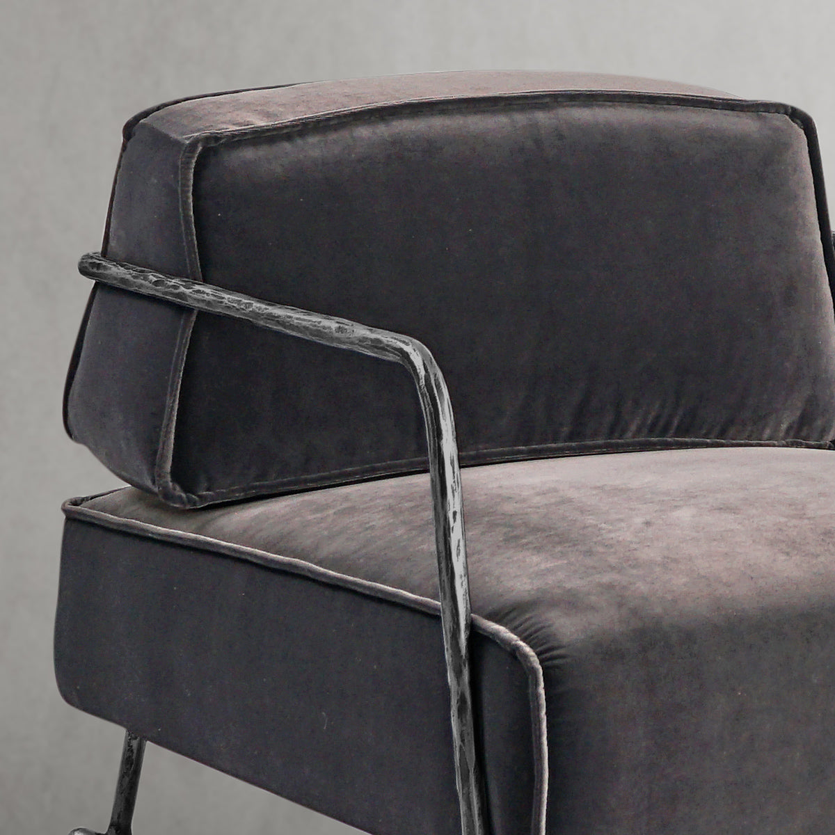 Hand-Forged Metal Gray Velvet Armchair