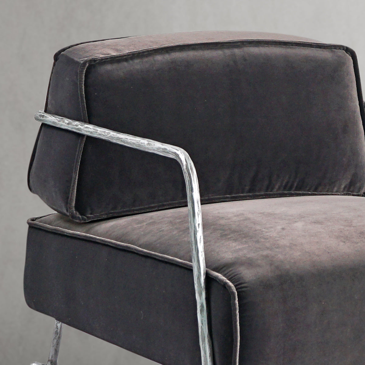 Hand-Forged Metal Gray Velvet Armchair