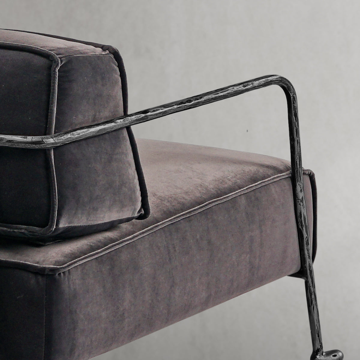 Hand-Forged Metal Gray Velvet Armchair