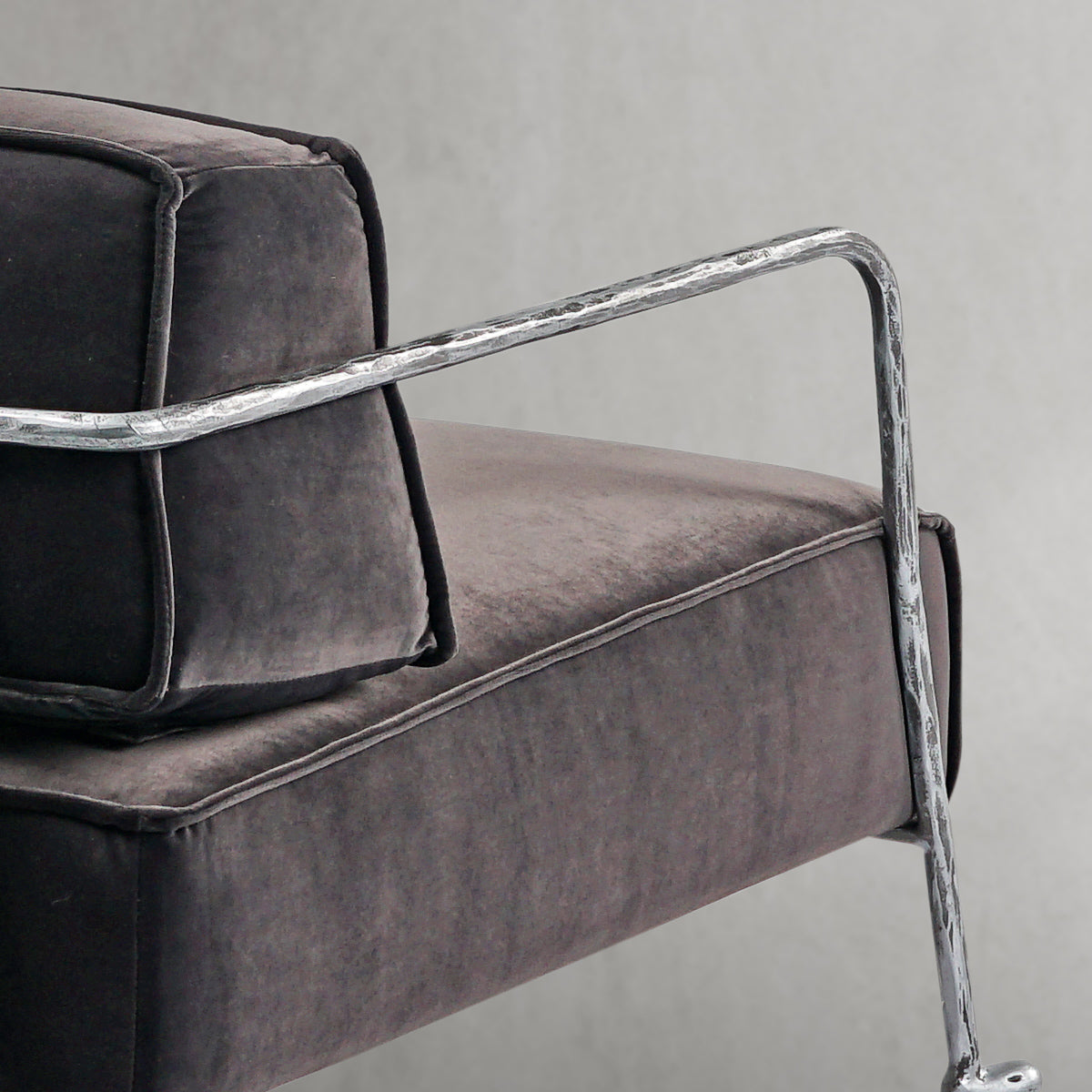 Hand-Forged Metal Gray Velvet Armchair