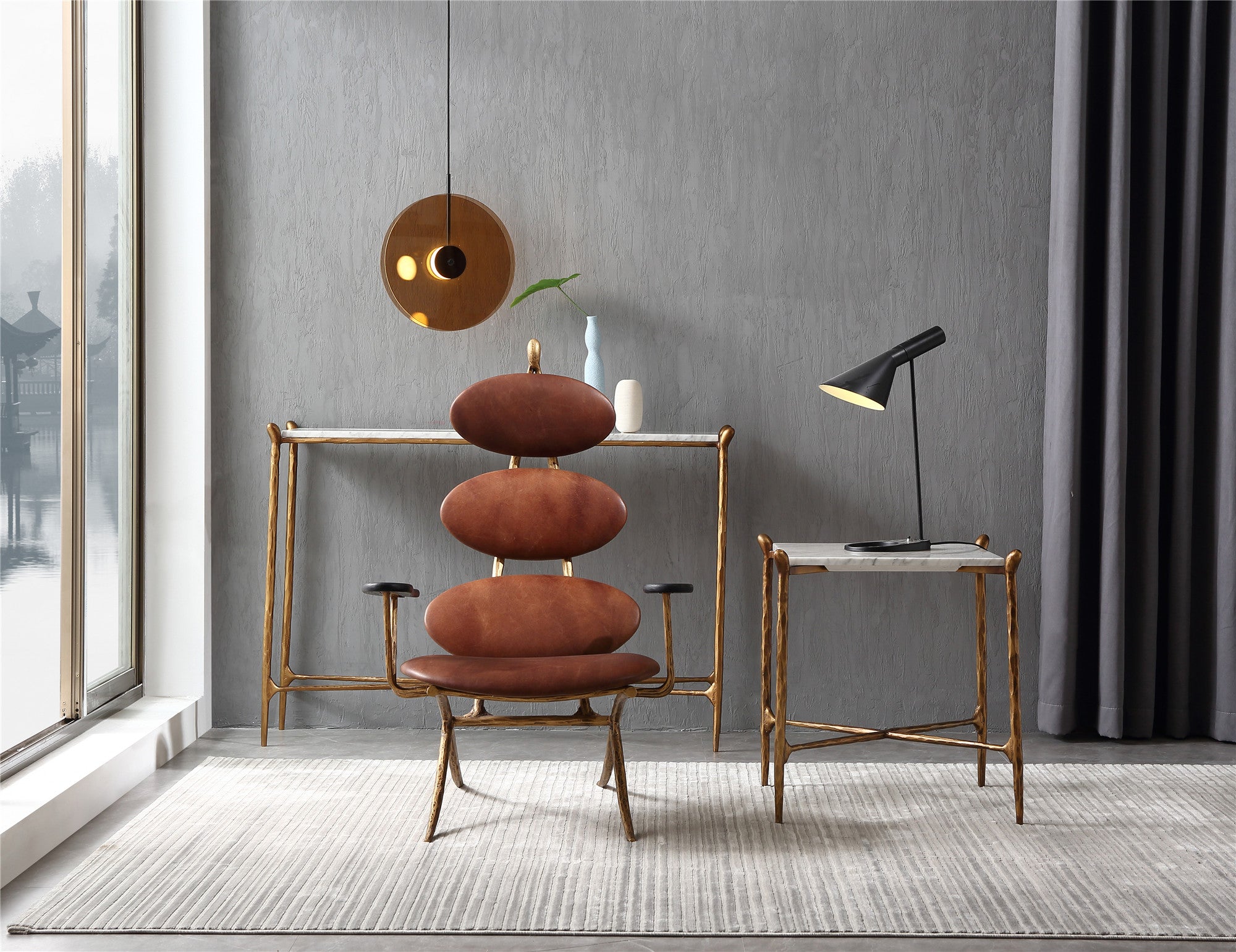 Hand-Forged Metal High Back Brown Leather Lounge Accent Chair