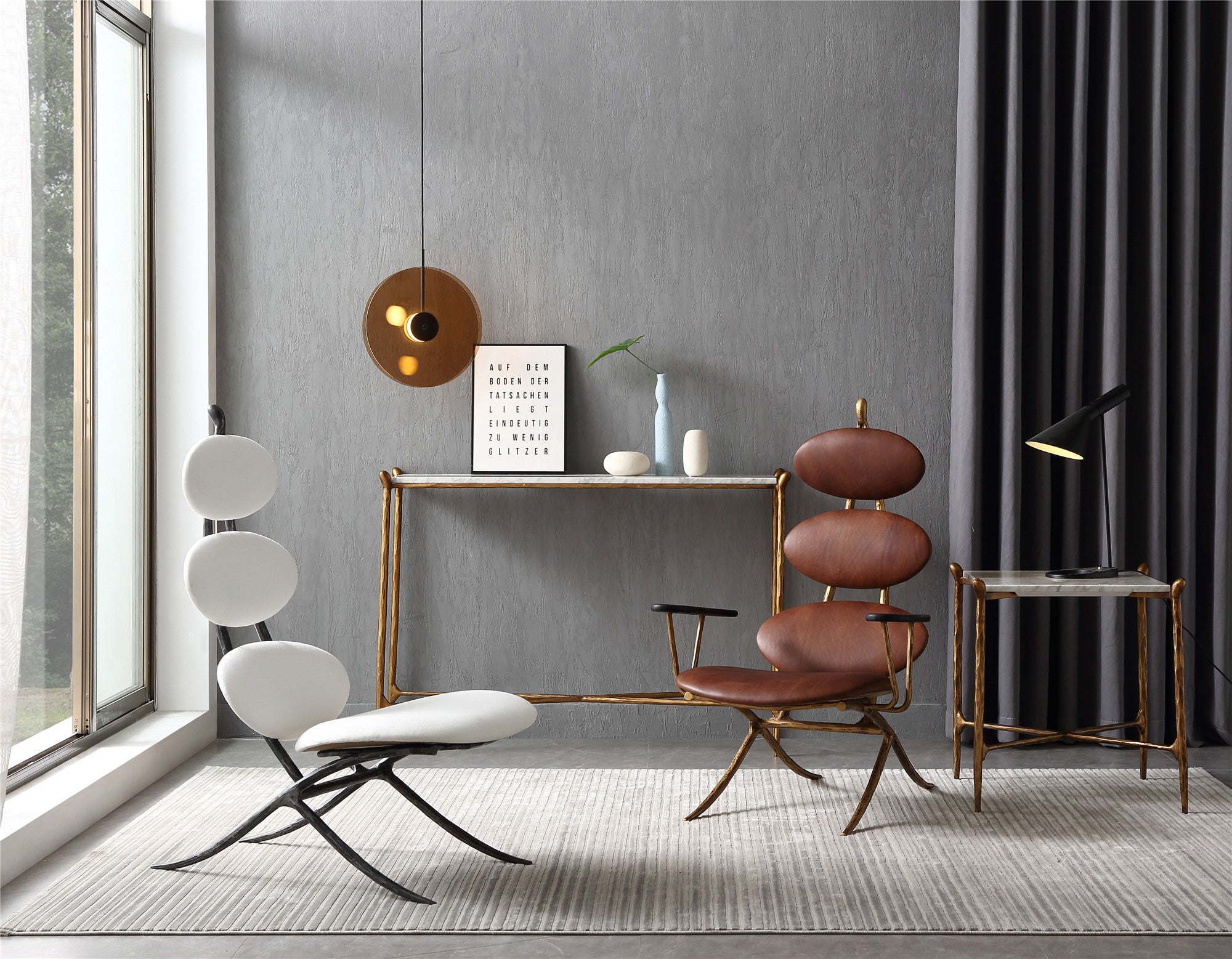 Hand-Forged Metal High Back Brown Leather Lounge Accent Chair