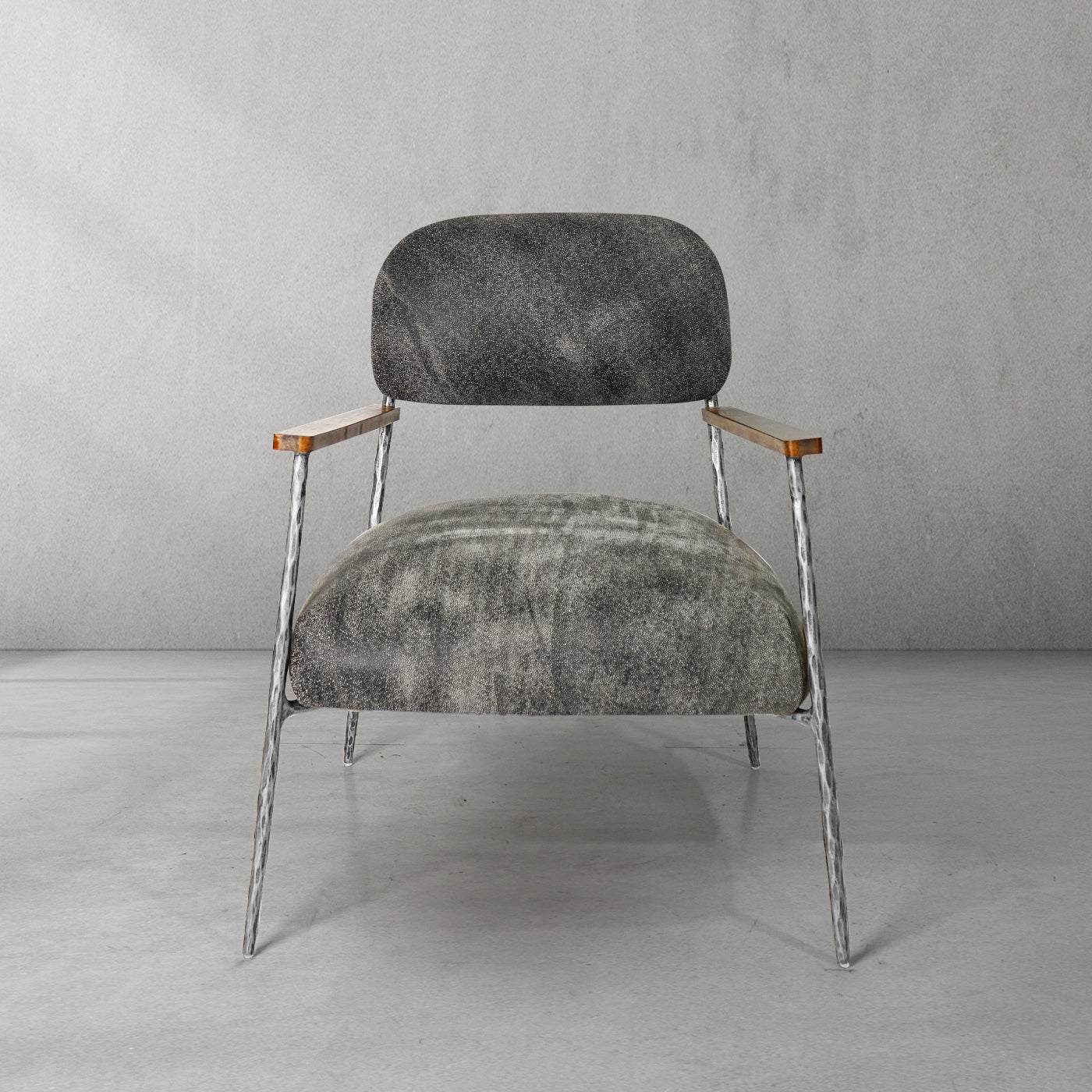 Hand-Forged Metal Grey Pearl Grain Leather Armchair