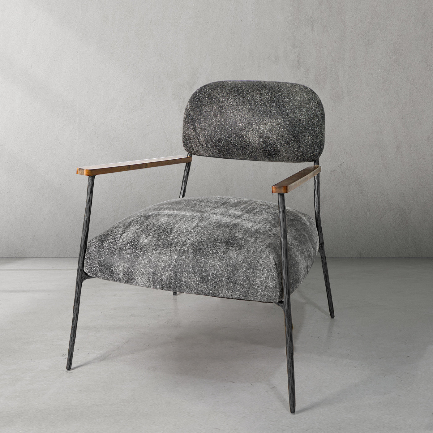 Hand-Forged Metal Grey Pearl Grain Leather Armchair