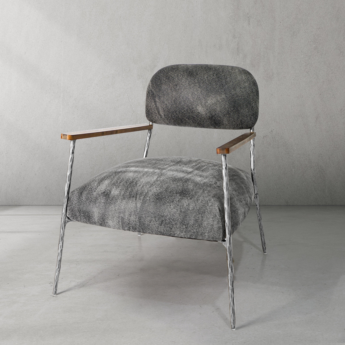 Hand-Forged Metal Grey Pearl Grain Leather Armchair