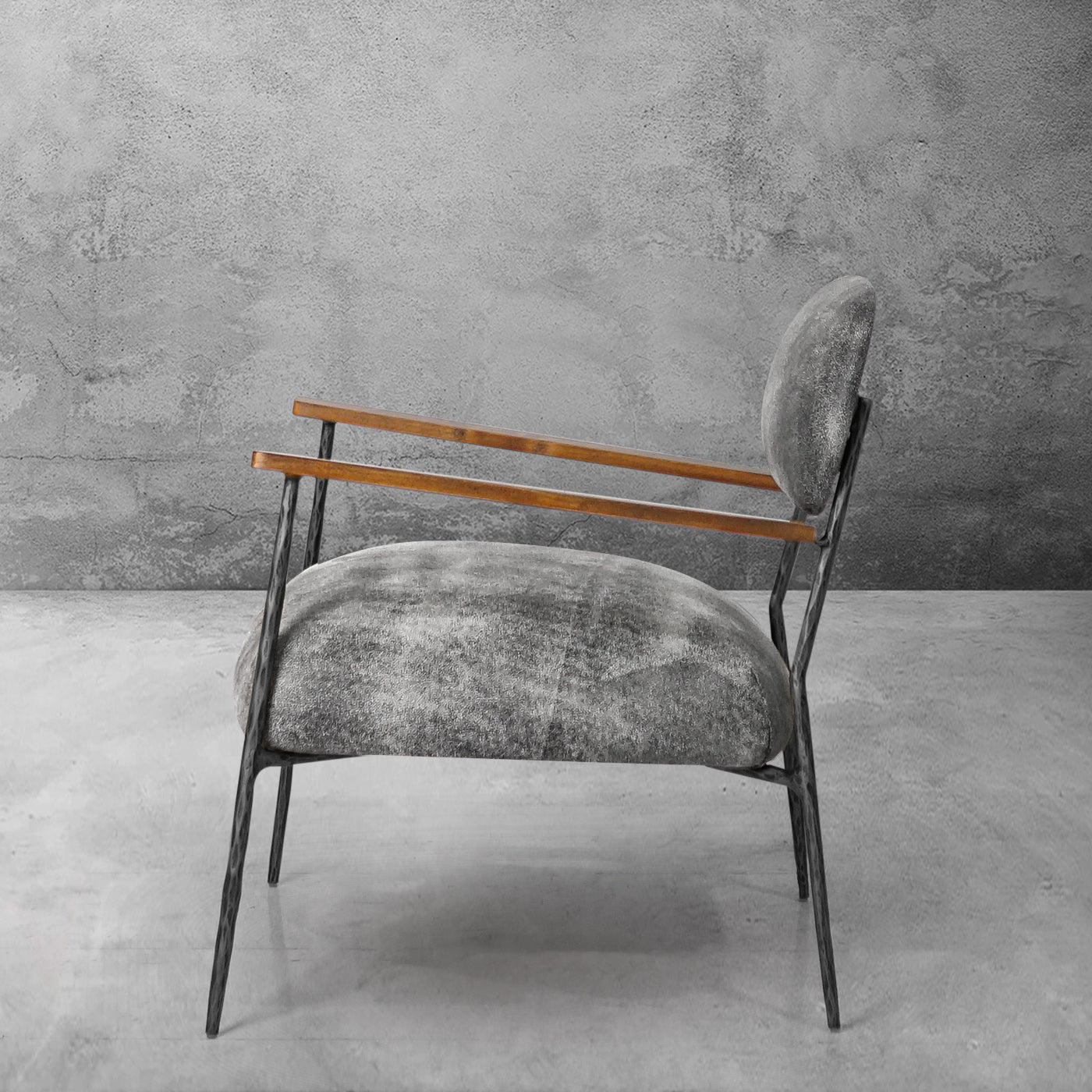 Hand-Forged Metal Grey Pearl Grain Leather Armchair