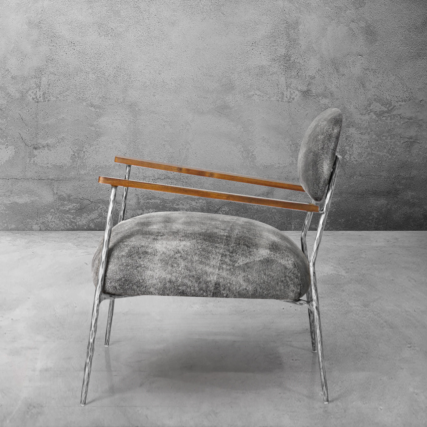 Hand-Forged Metal Grey Pearl Grain Leather Armchair