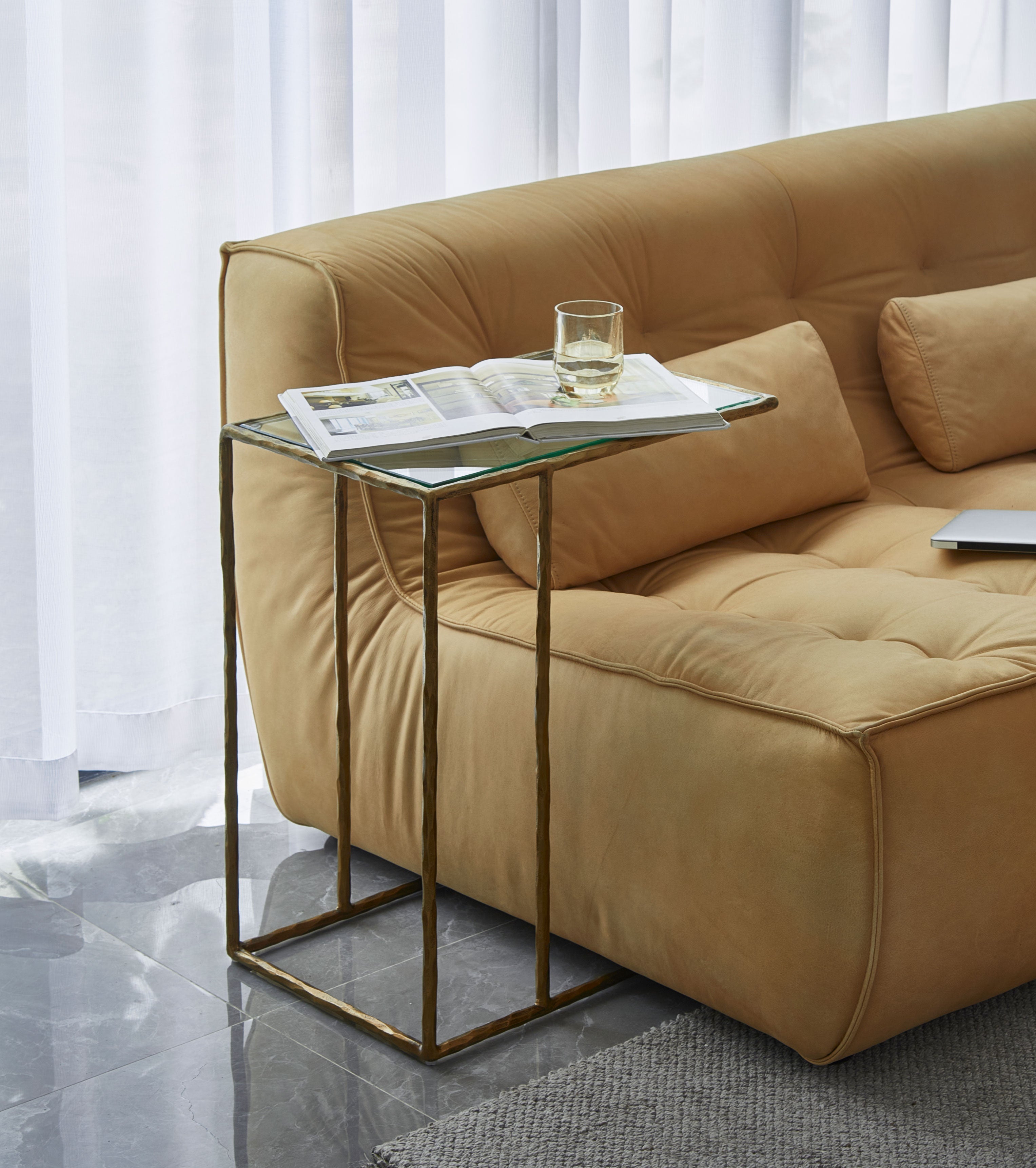 Hand-Forged Metal Glass C-Shaped Side Table