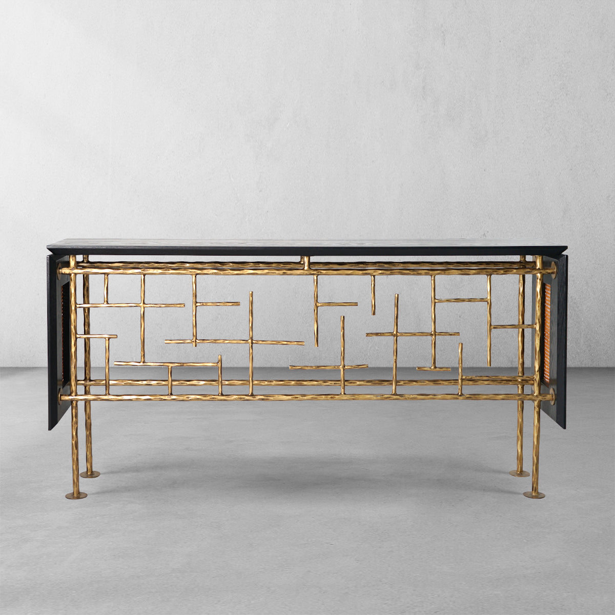 Hand-Forged Metal Metal Frame Rattan Console Table