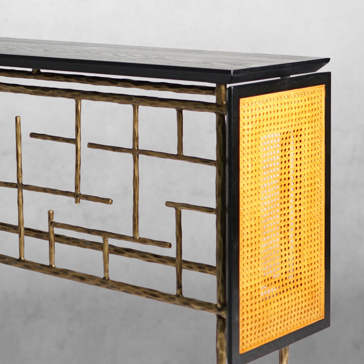 Hand-Forged Metal Metal Frame Rattan Console Table