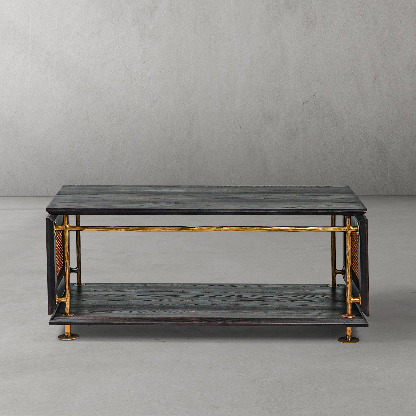 Hand-Forged Metal Vintage Rattan Wooden Coffee Table