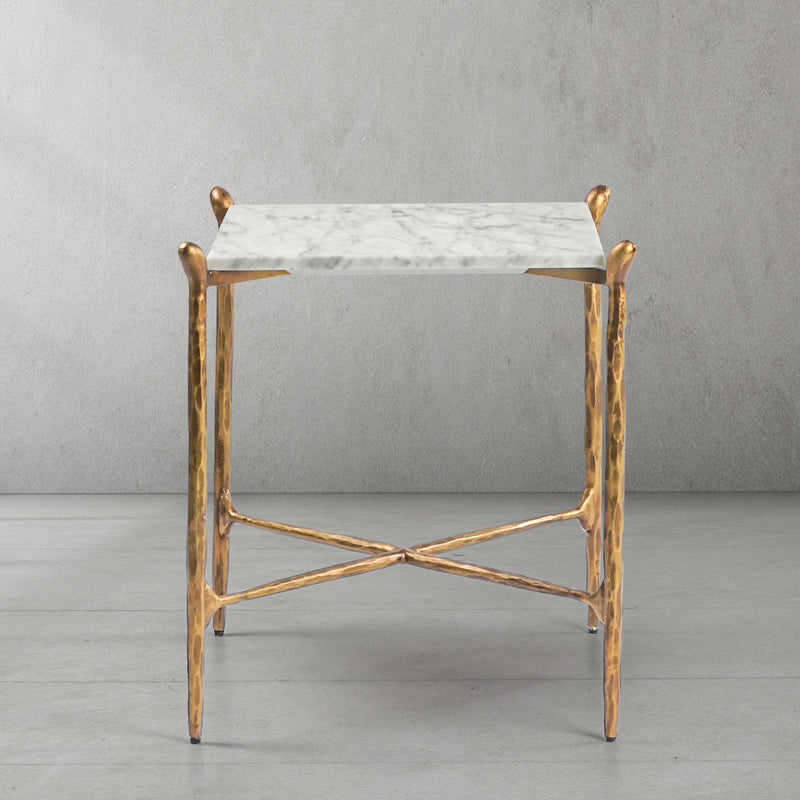 Hand-Forged Metal Square Marble Side Table