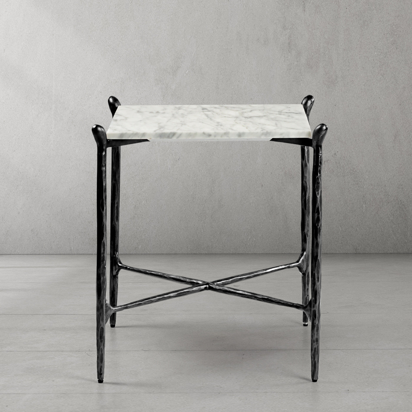 Hand-Forged Metal Square Marble Side Table