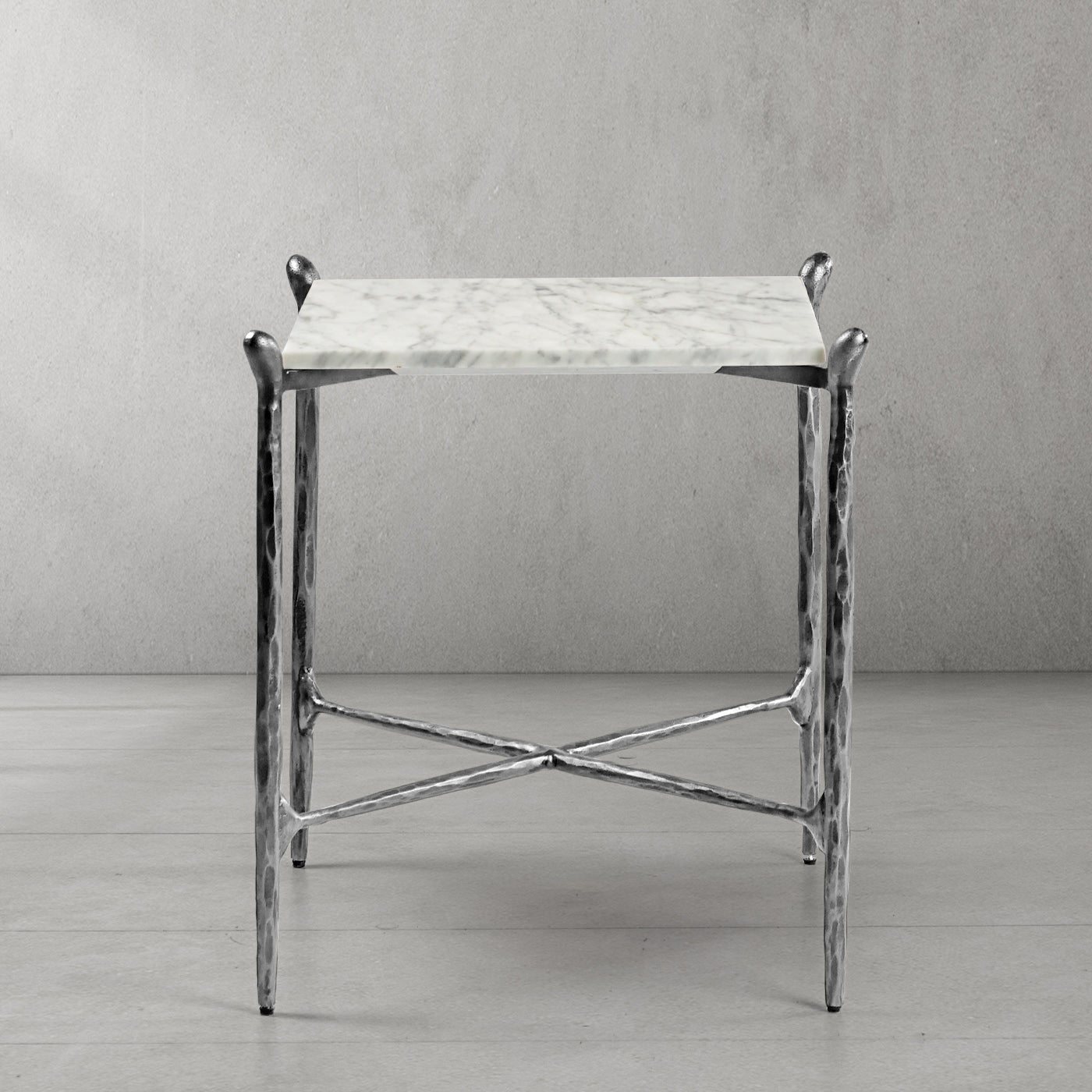 Hand-Forged Metal Square Marble Side Table
