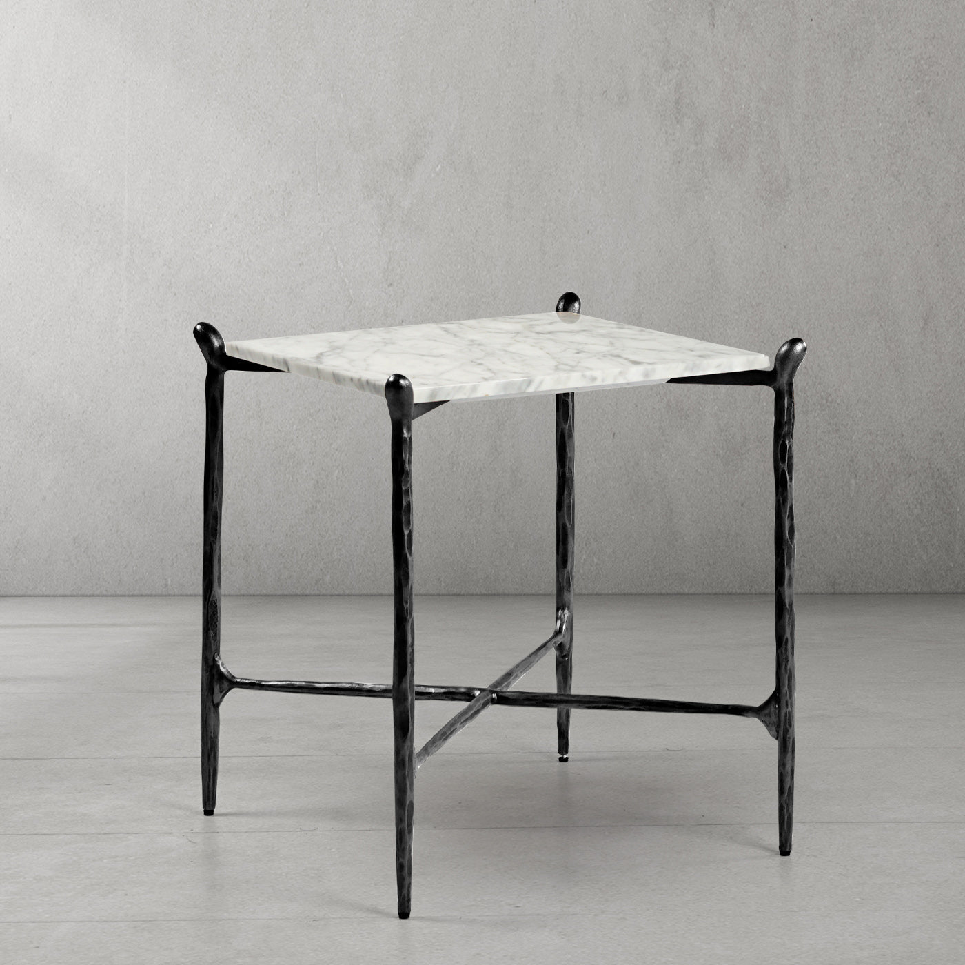 Hand-Forged Metal Square Marble Side Table