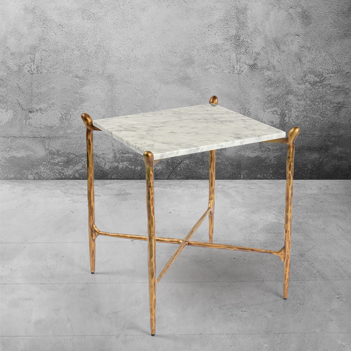 Hand-Forged Metal Square Marble Side Table