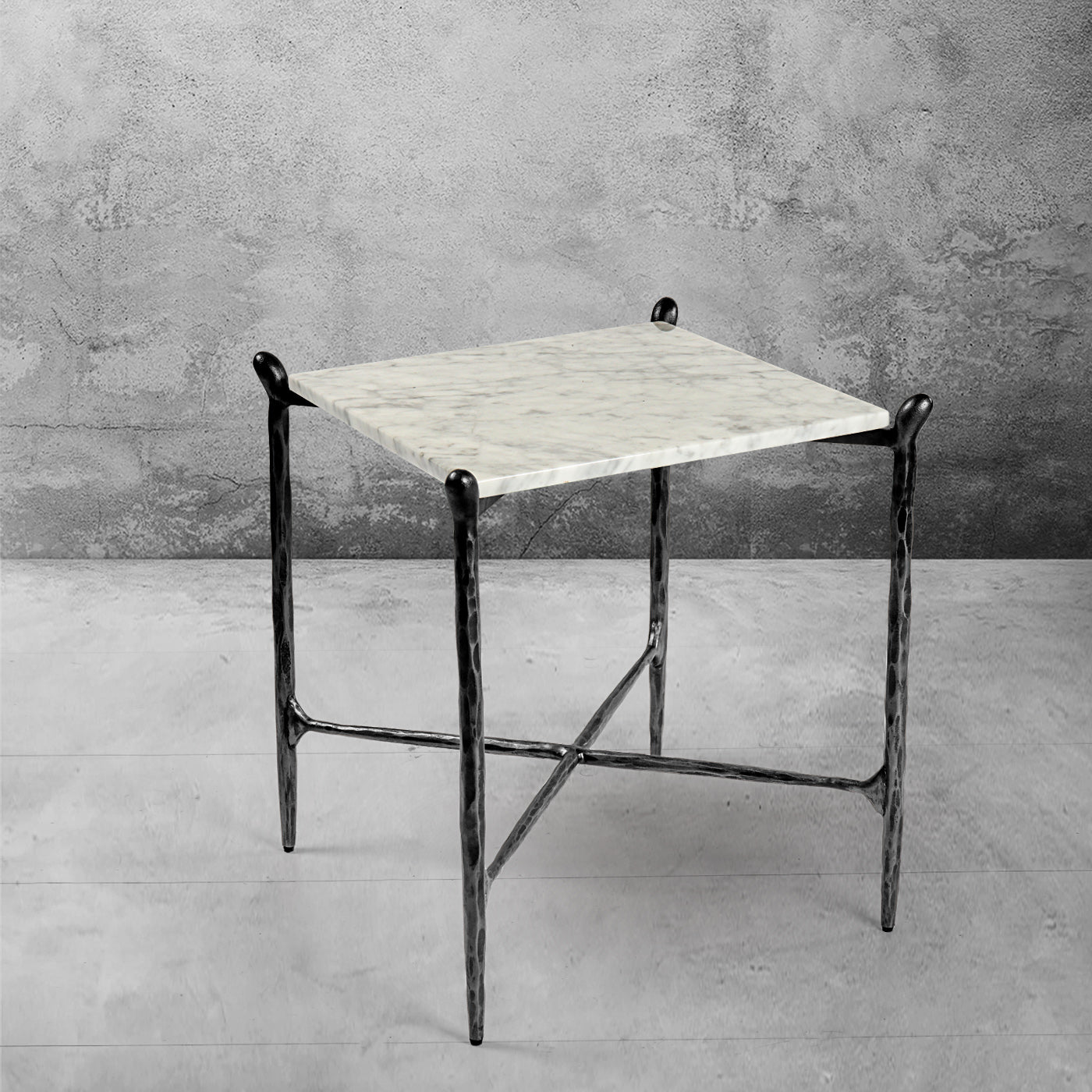 Hand-Forged Metal Square Marble Side Table